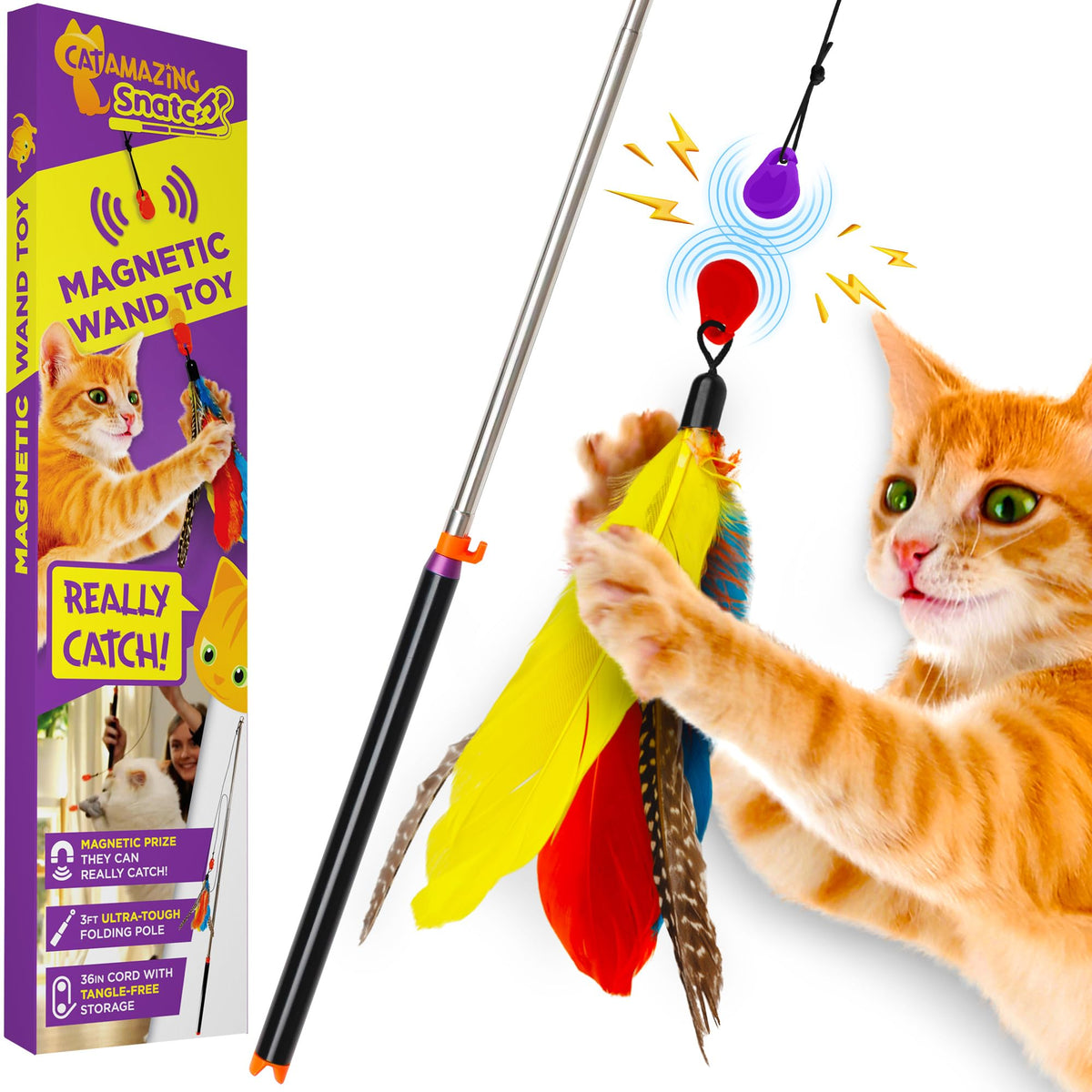 Cat Amazing Snatch face avant du produit montrant la canne et l'embout magnétique, attire l'intérêt
