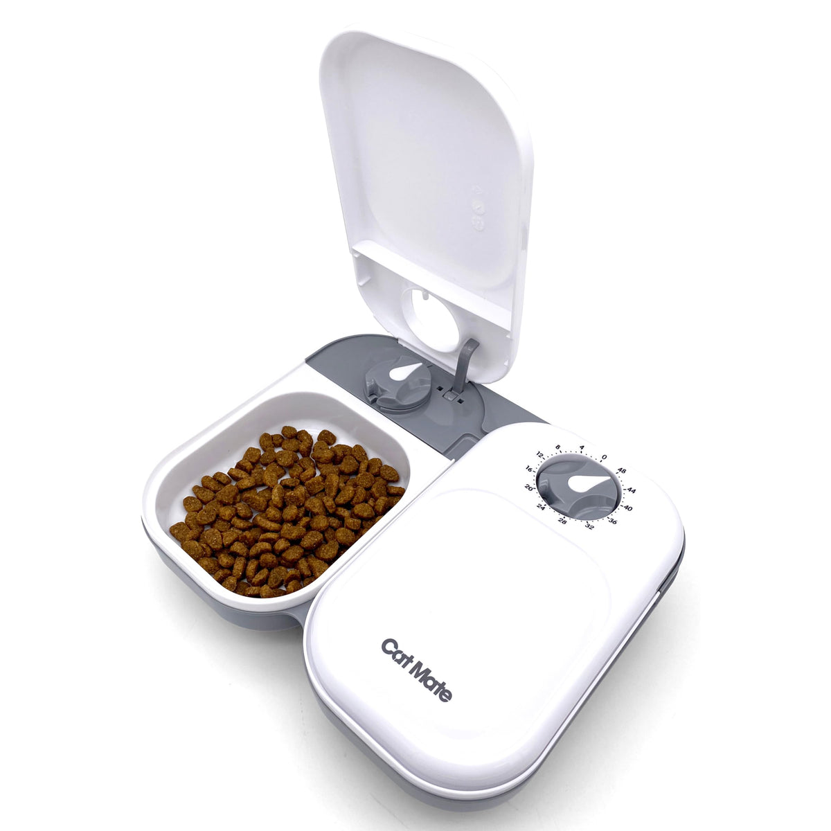 Cat Mate vue avant du distributeur blanc montrant design compact et organisation