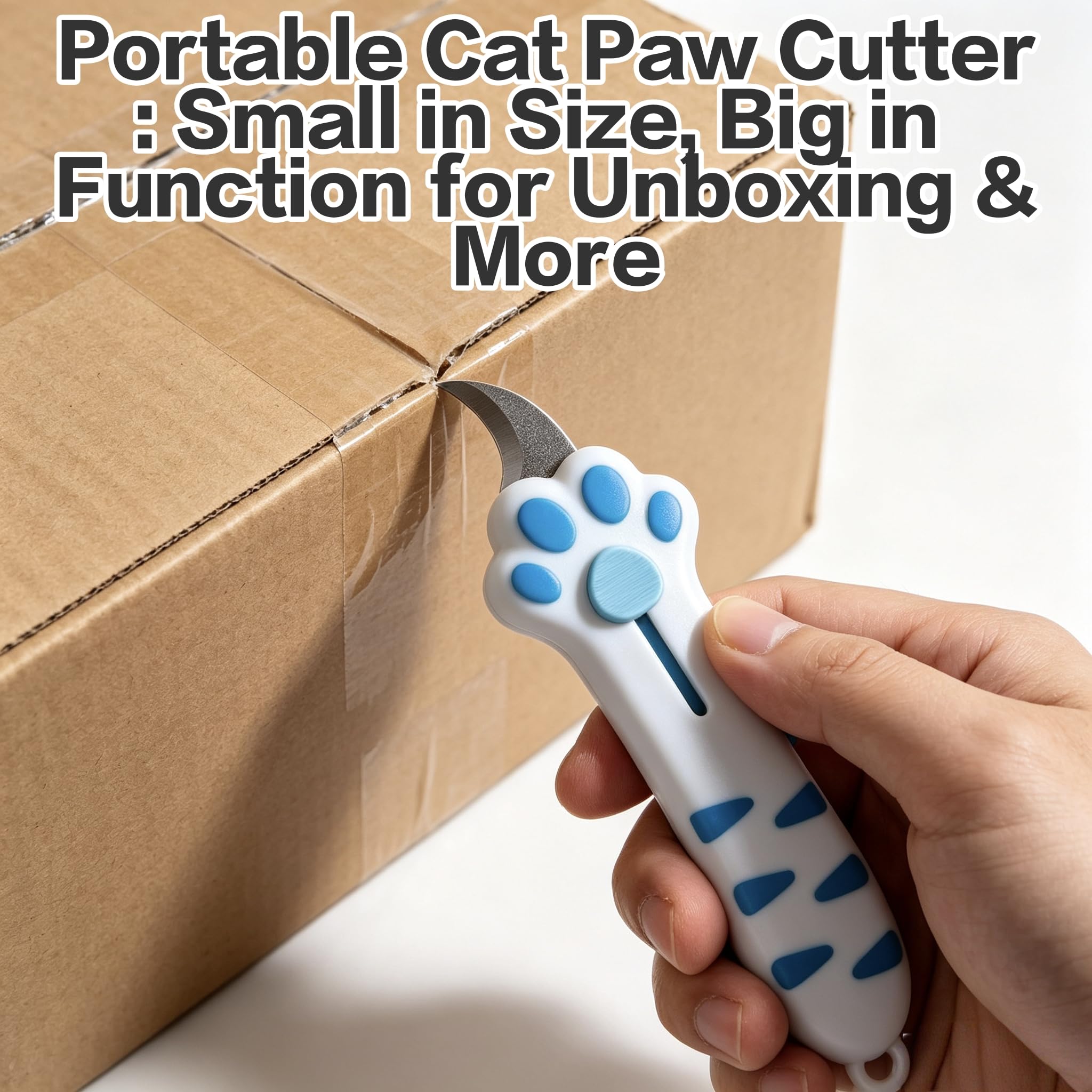 Cat Paw Box Cutter en usage ouvrant un carton rapidement et sans effort