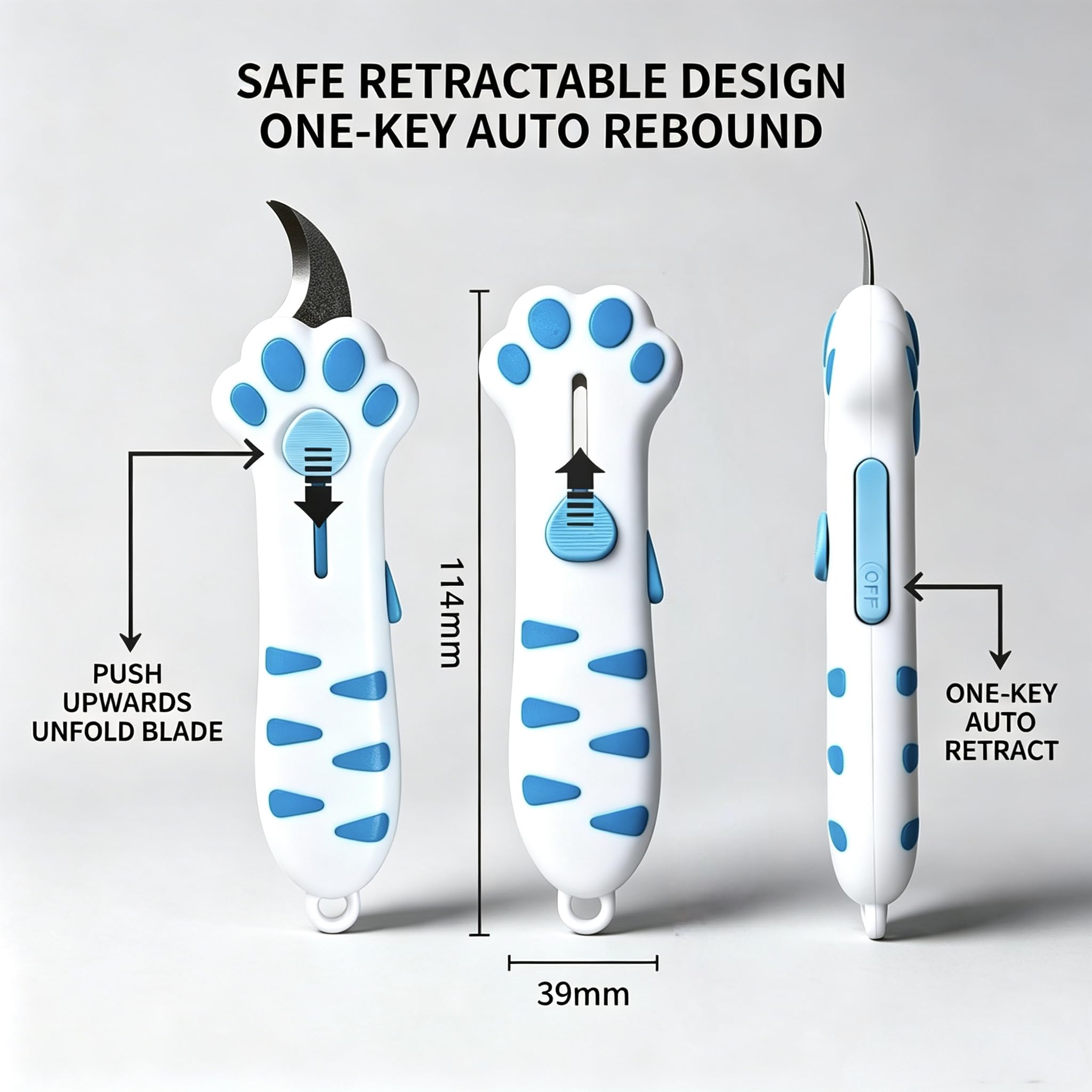 Cat Paw Box Cutter gros plan sur lame en acier inoxydable pour coupe précise