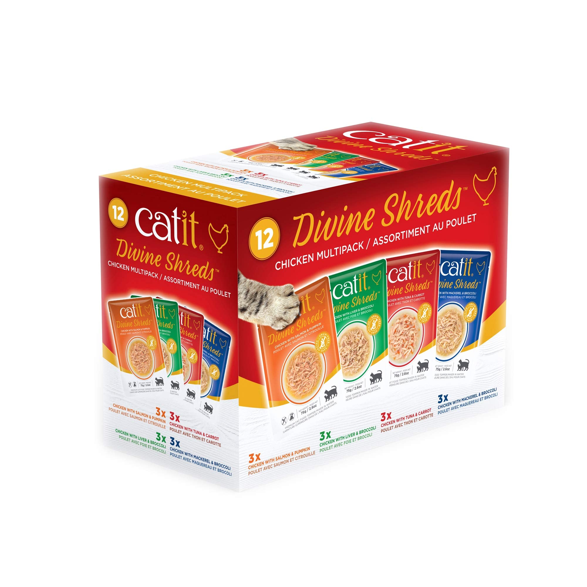 Catit emballage avant du pack 12 sachets montrant variétés et marque, visuel appétant