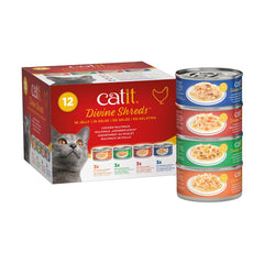 Catit Divine Shreds emballage avant montrant morceaux de poulet en gelée, hydrate et enrichit l'alimentation