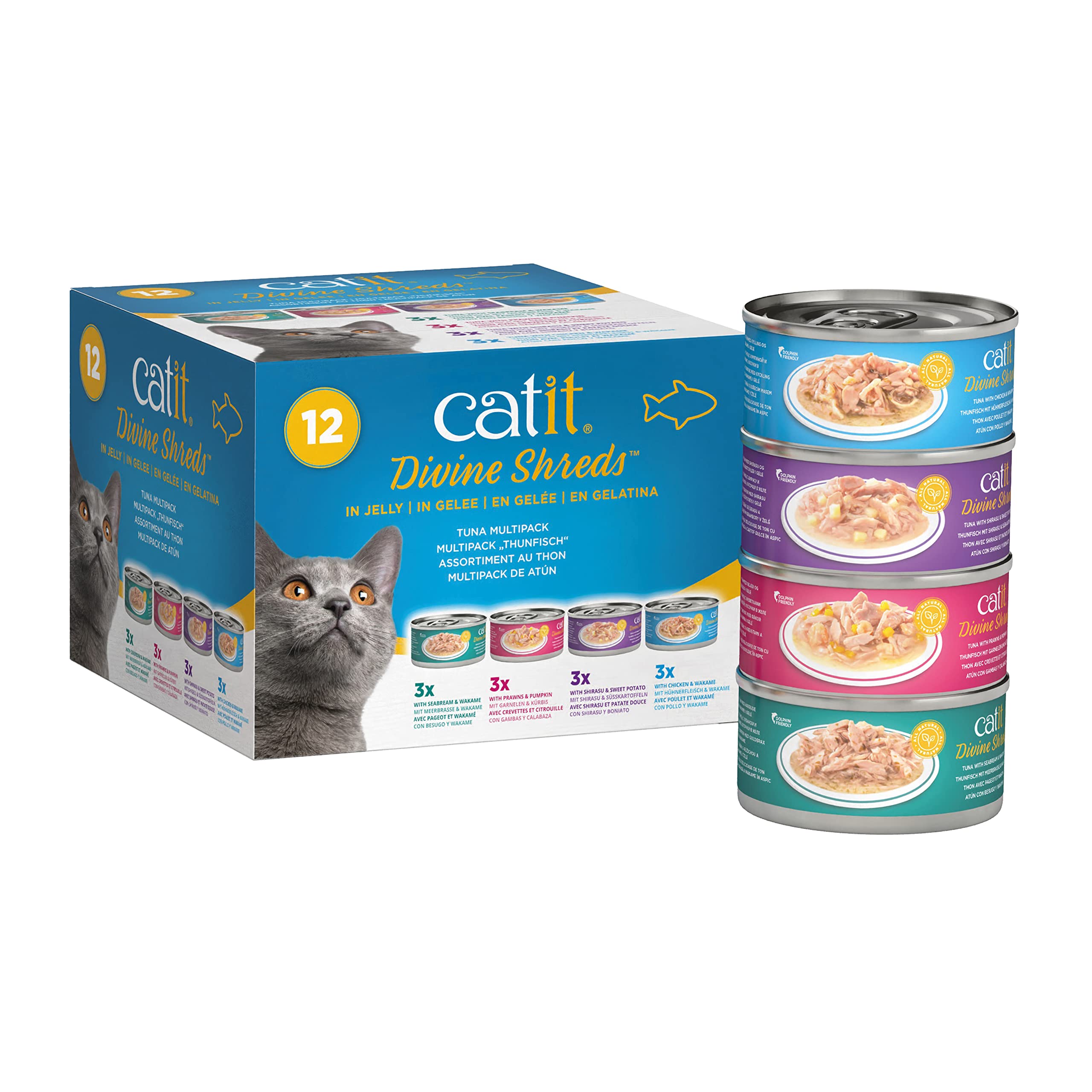 Catit Divine Shreds en gelée face de la boîte montrant portion pratique et appétence