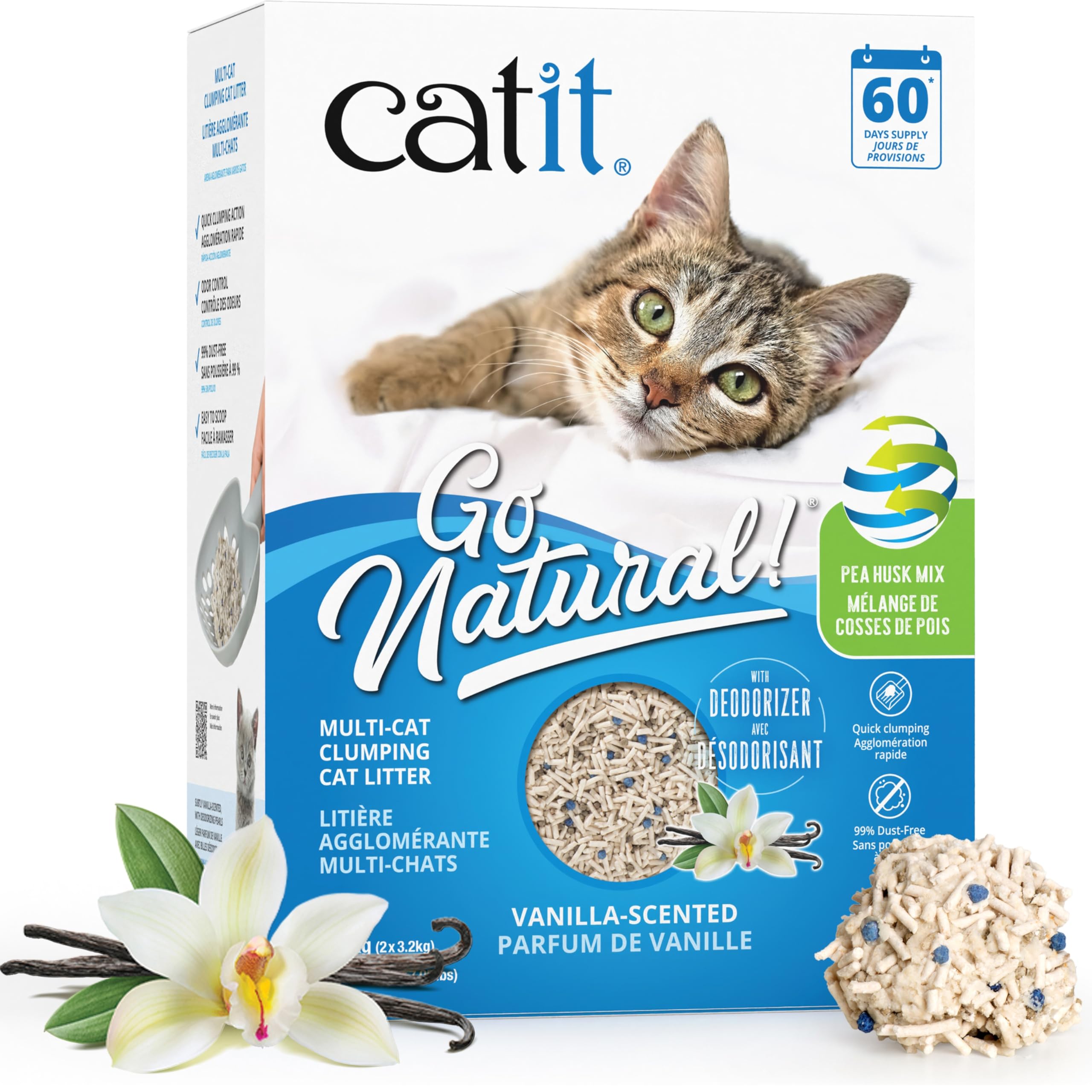Catit emballage avant montrant la litière hybride et ses bénéfices