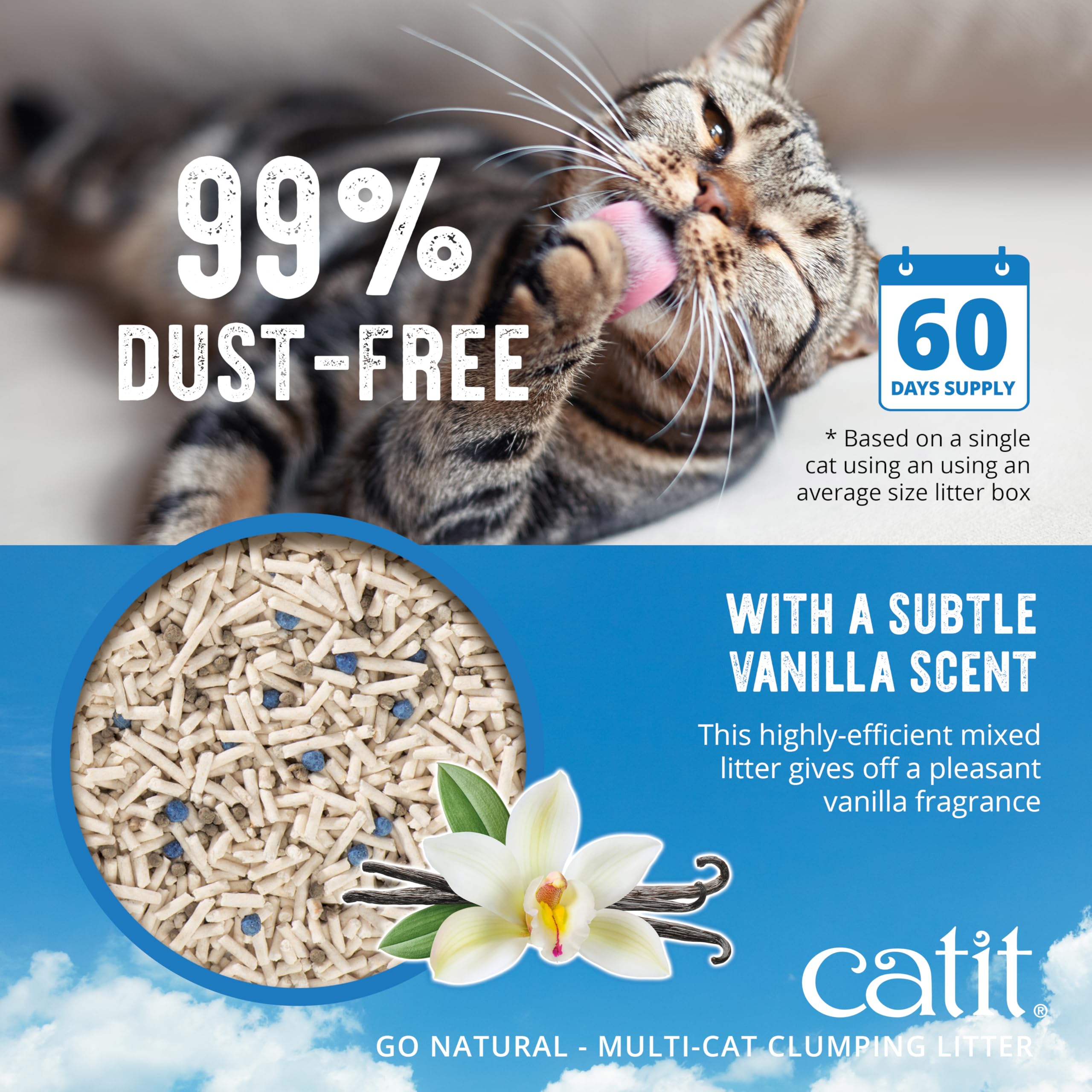 Étiquette Catit détaillée montrant composition végétale et 99% sans poussière