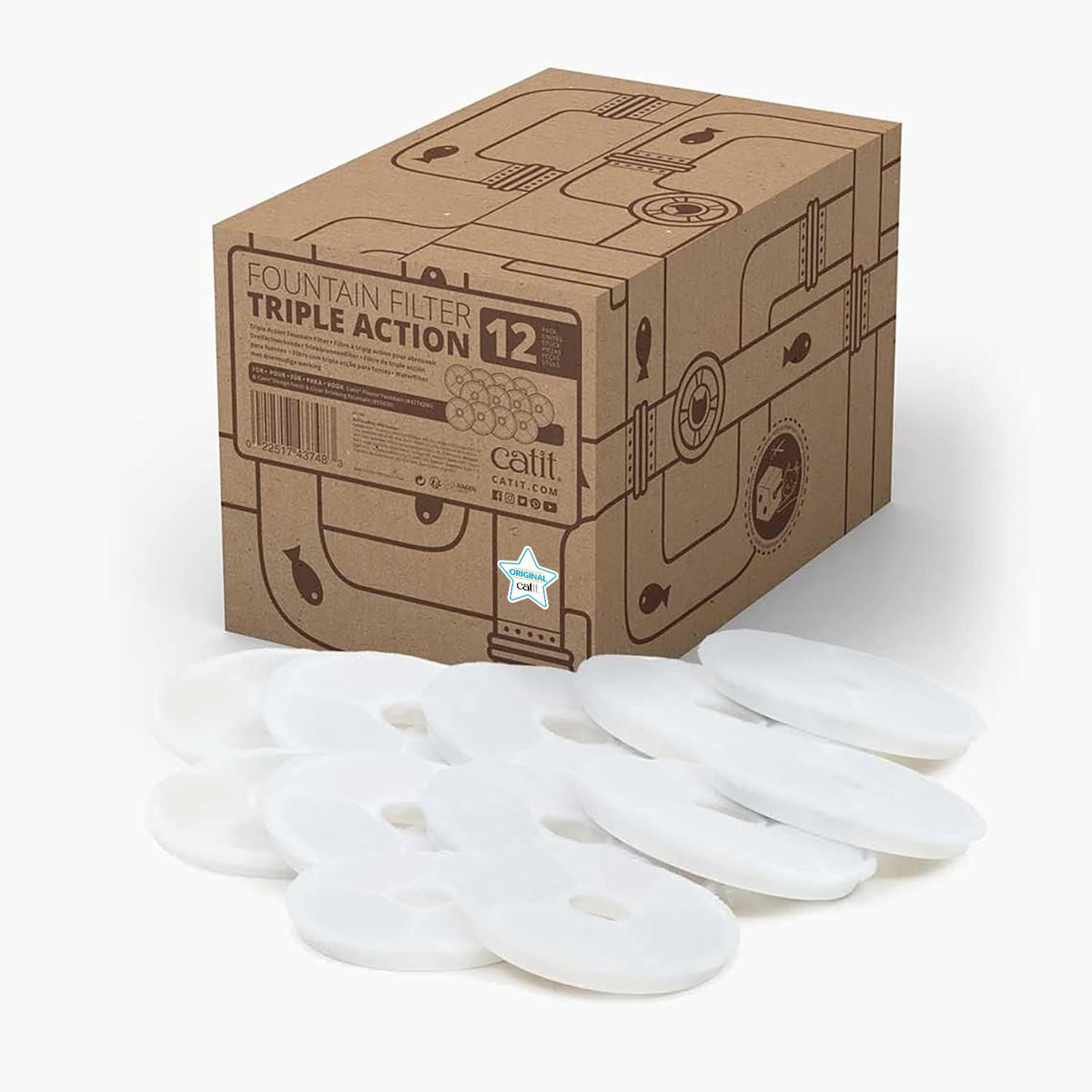 Catit emballage du lot de 12 filtres montrant contenu et compatibilité, praticité