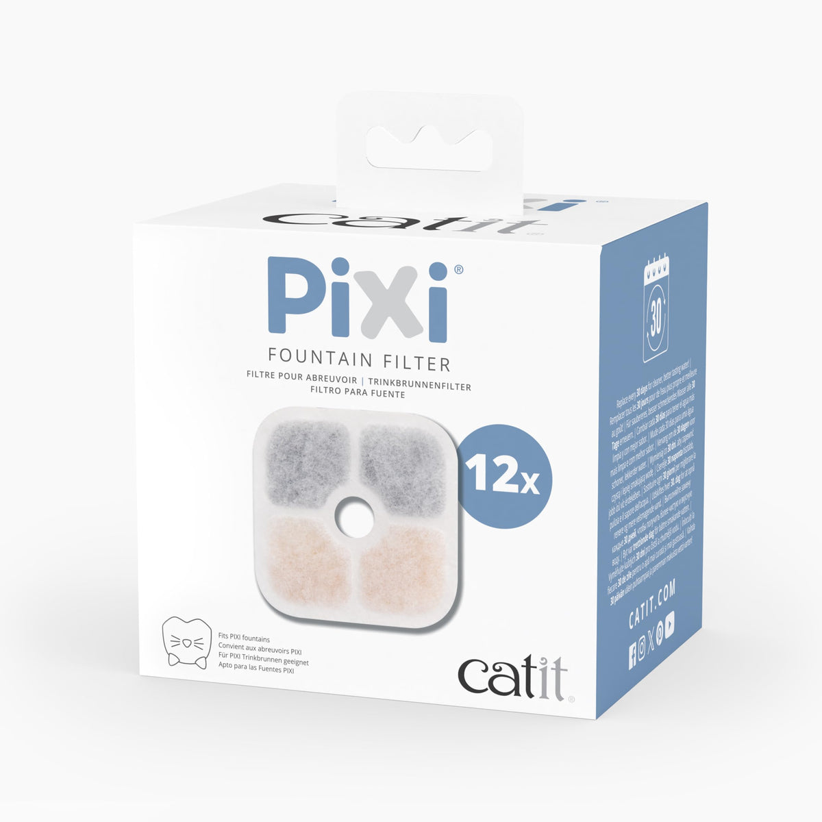 Catit image de l'emballage du pack de 12 filtres montrant le produit et informations