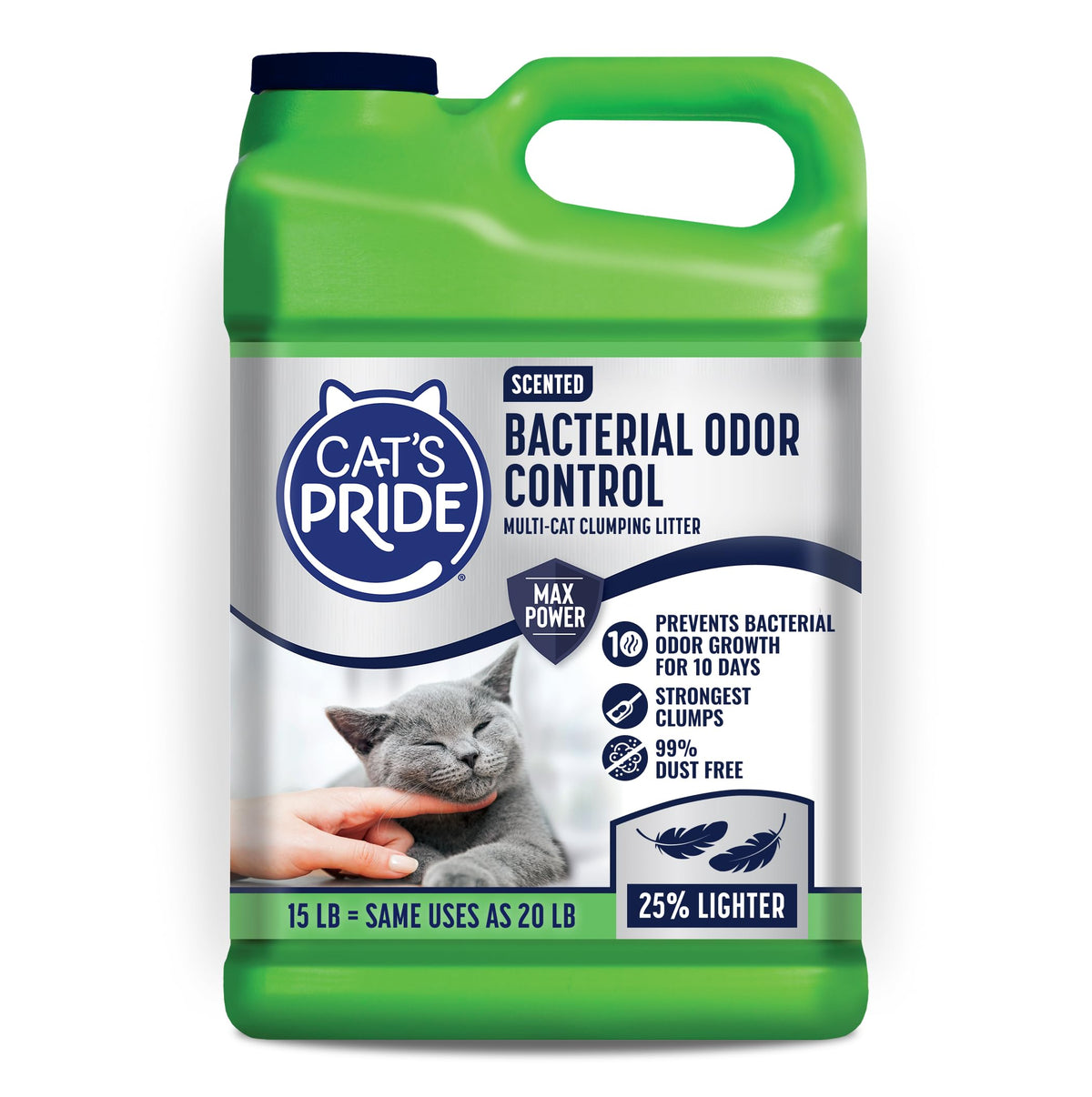 Cat's Pride bidon 15lb face montrant emballage et bénéfice anti-odeurs
