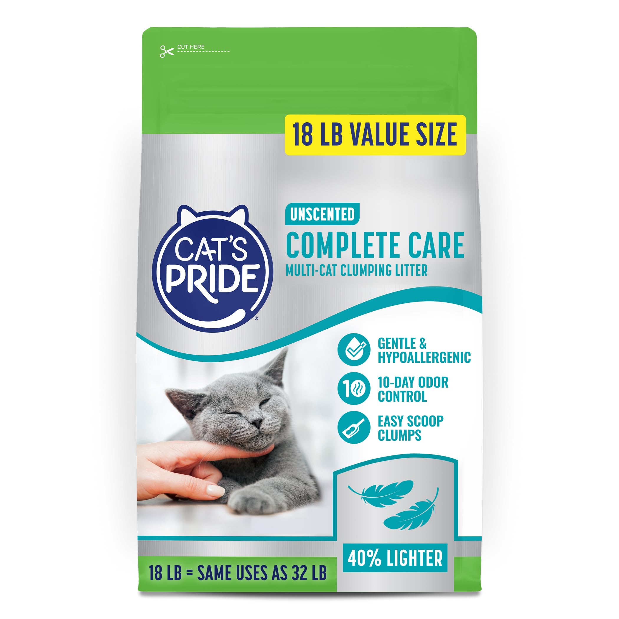 Cat's Pride emballage avant montrant le format 18 lb et l'avantage léger