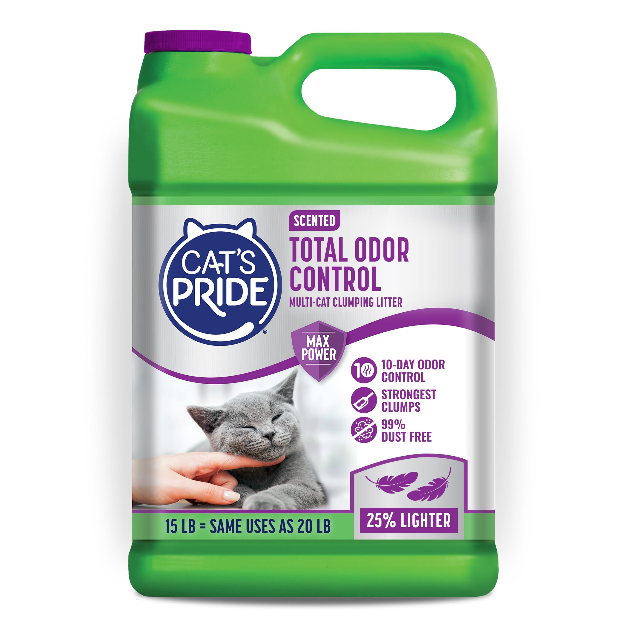 Cat's Pride emballage bidon 15 lb montrant praticité et format recyclable
