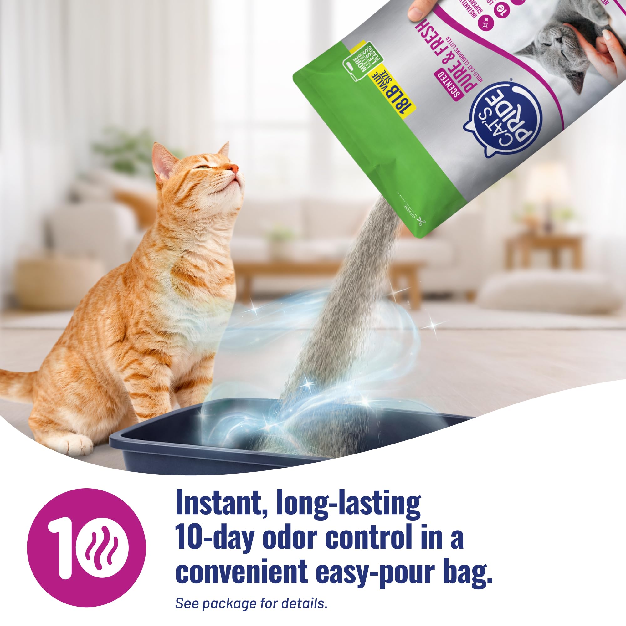 Cat's Pride étiquette Litter for Good montrant engagement envers refuges