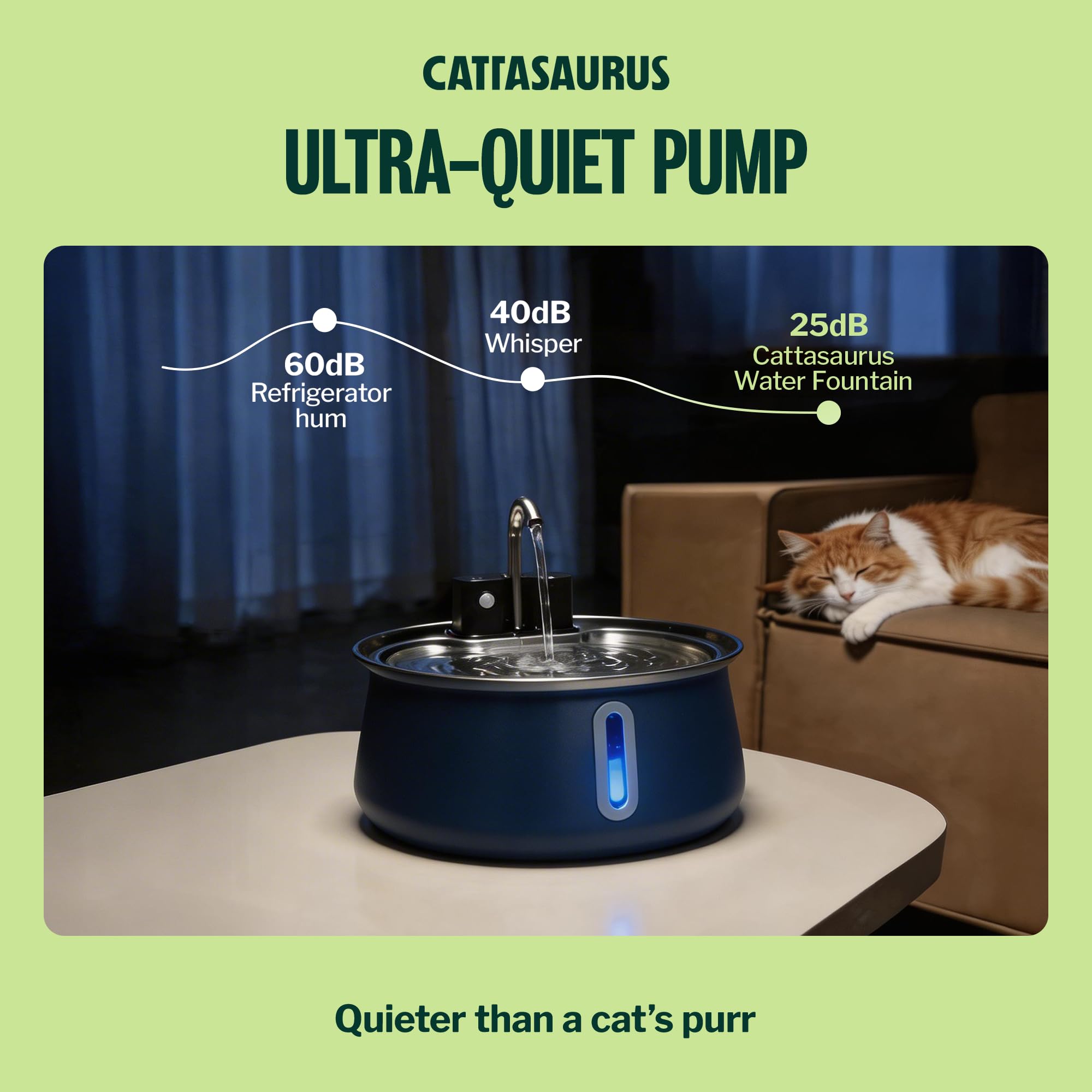 Cattasaurus chat buvant à la fontaine assurant accès constant à l'eau