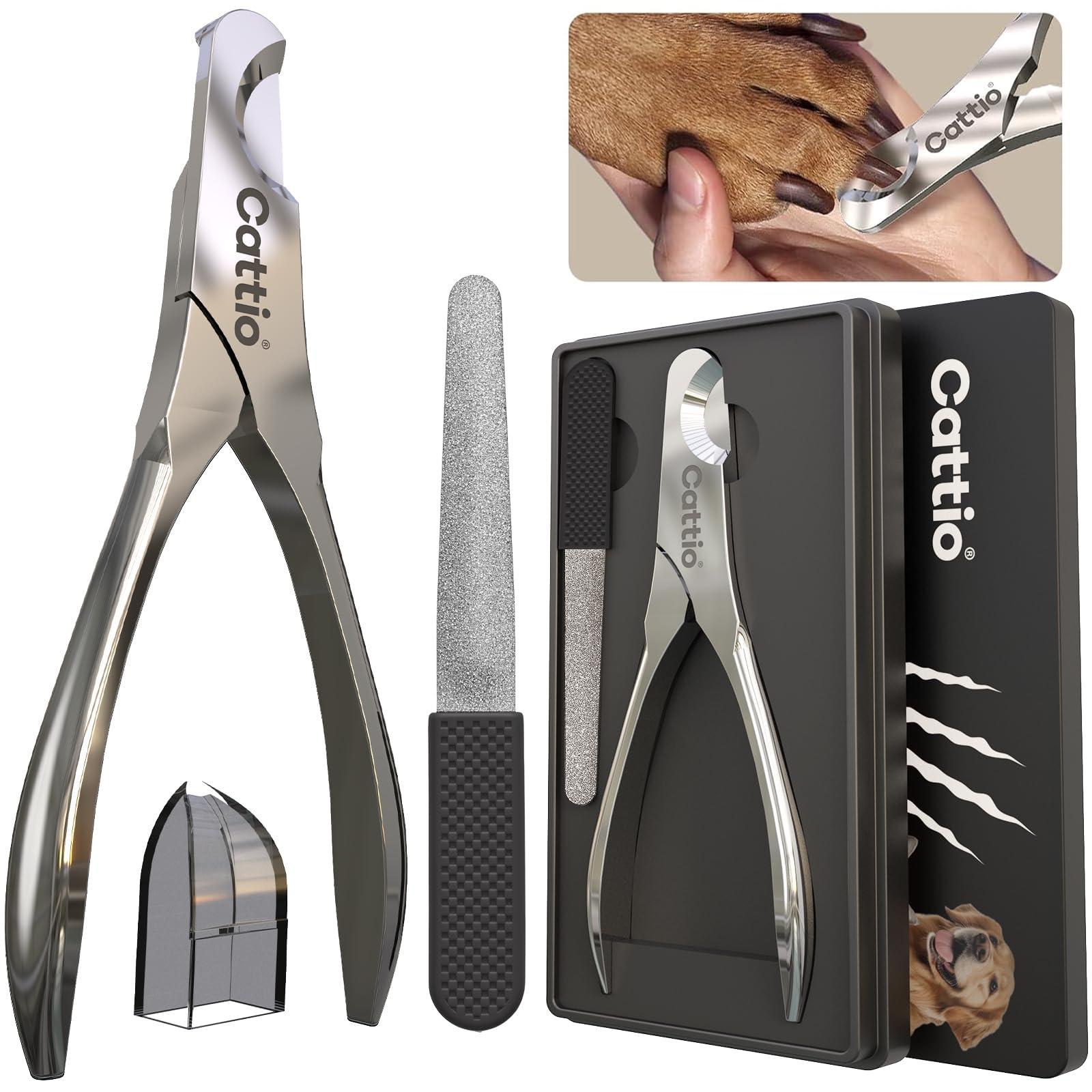 Cattio vue avant du coupe-ongles et coffret, rangement pratique