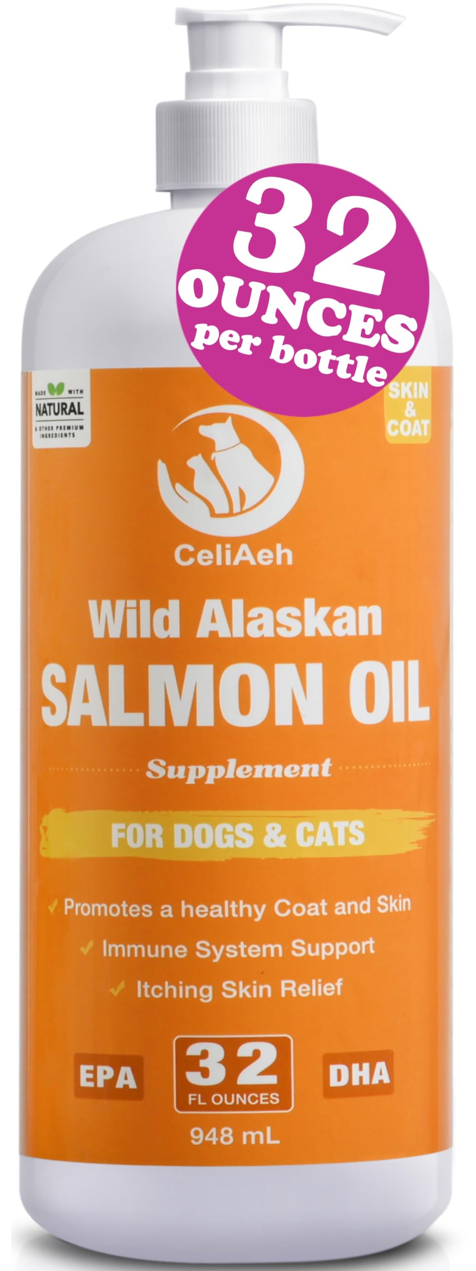 CeliAeh flacon face montrant l’huile de saumon pour pelage brillant
