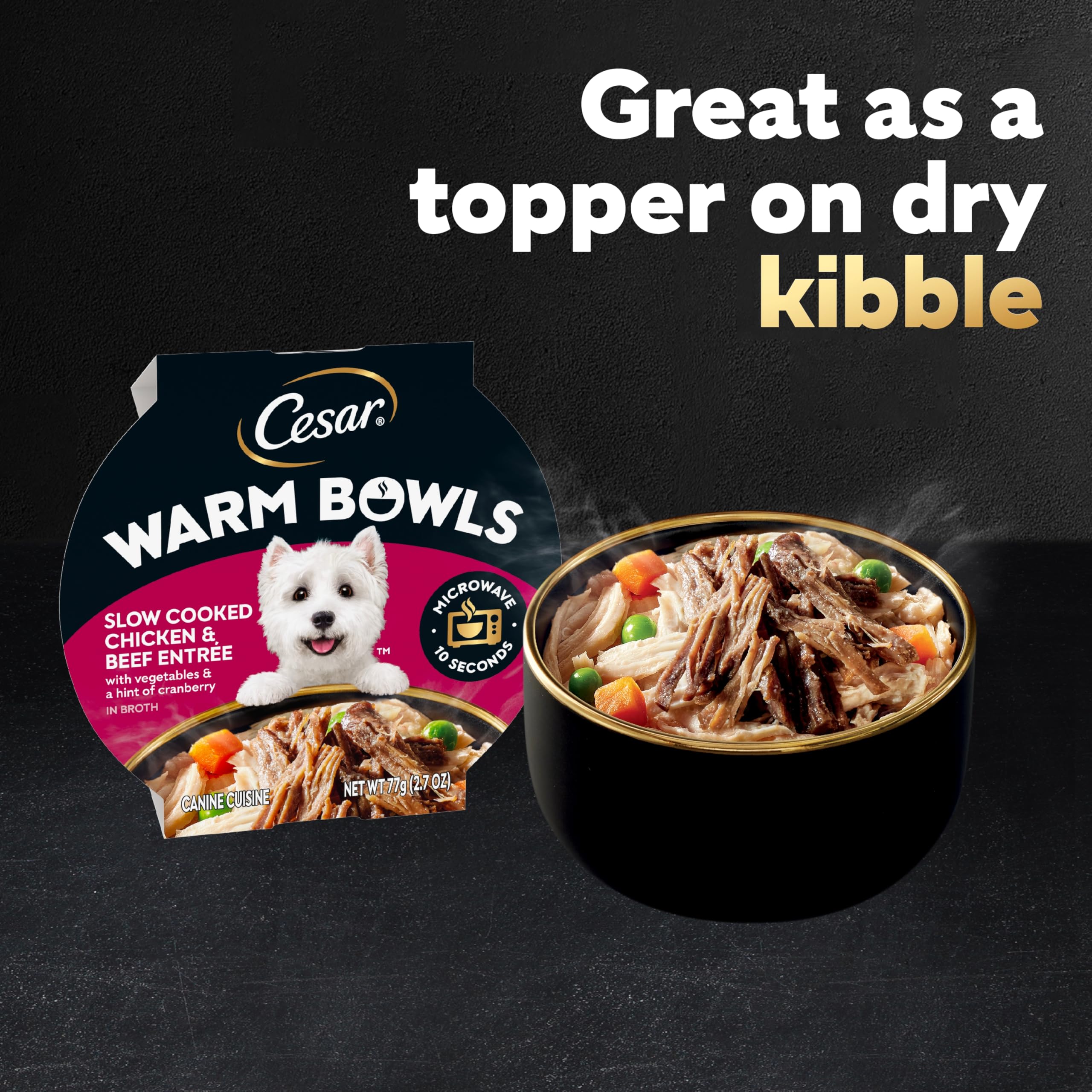 Chien dégustant Cesar Warm Bowls en scène lifestyle heureux et réceptif