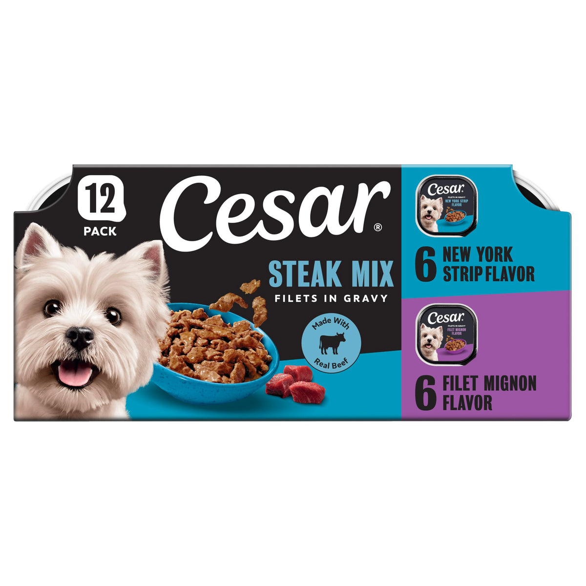 Cesar emballage avant montrant le pack variété steak et praticité