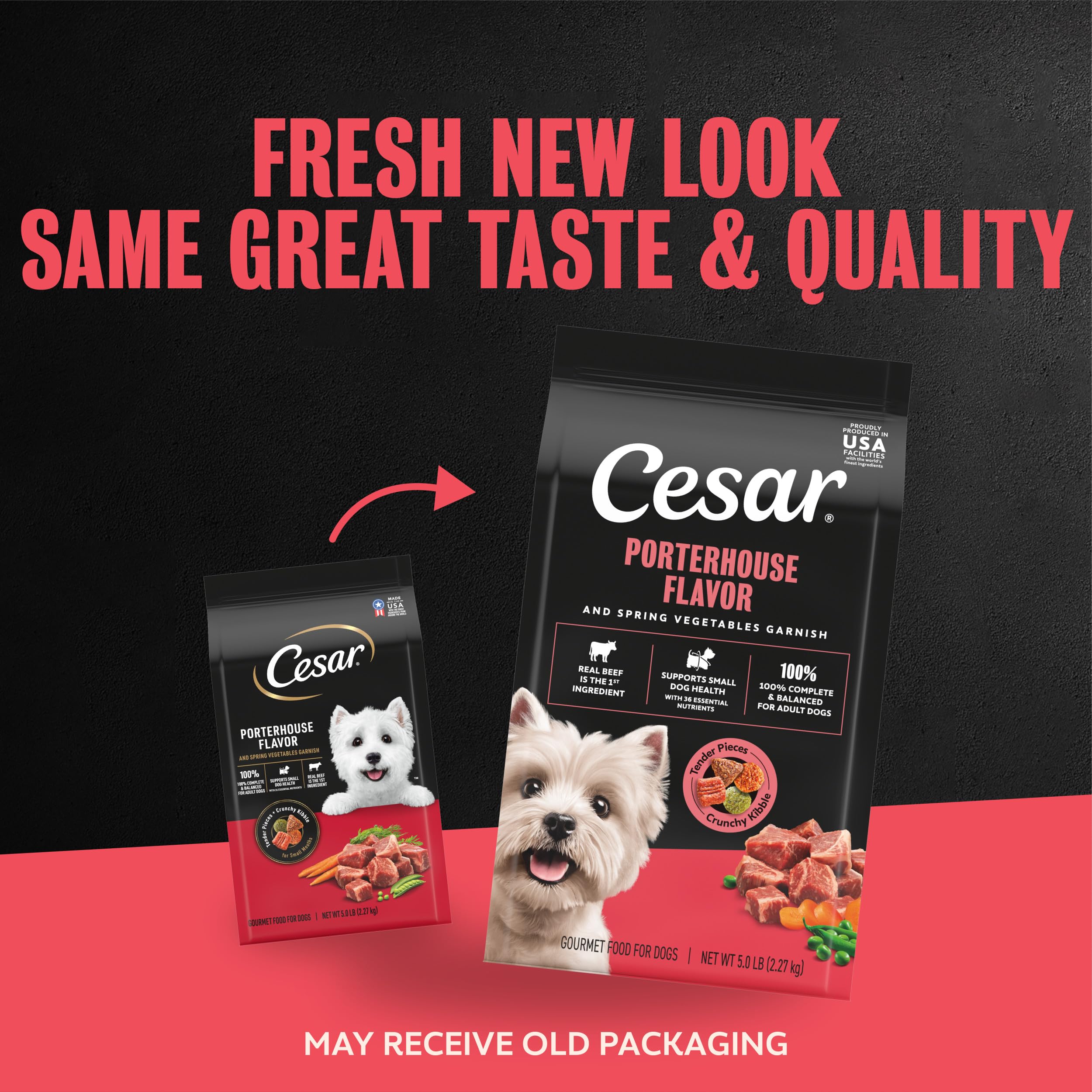 Cesar gros plan des croquettes et morceaux tendres, texture adaptée petits chiens