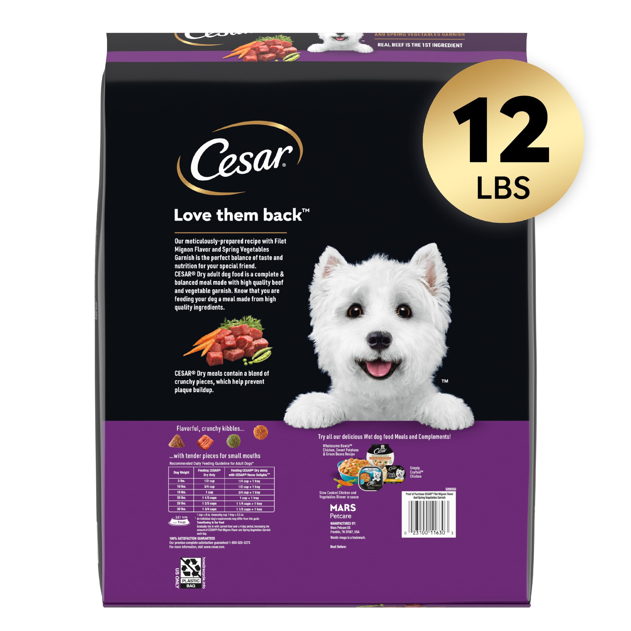 Cesar gros plan sur croquettes et morceaux tendres, facilité de mastication