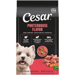 Cesar sac avant montrant la saveur Porterhouse et légumes de printemps, appétence