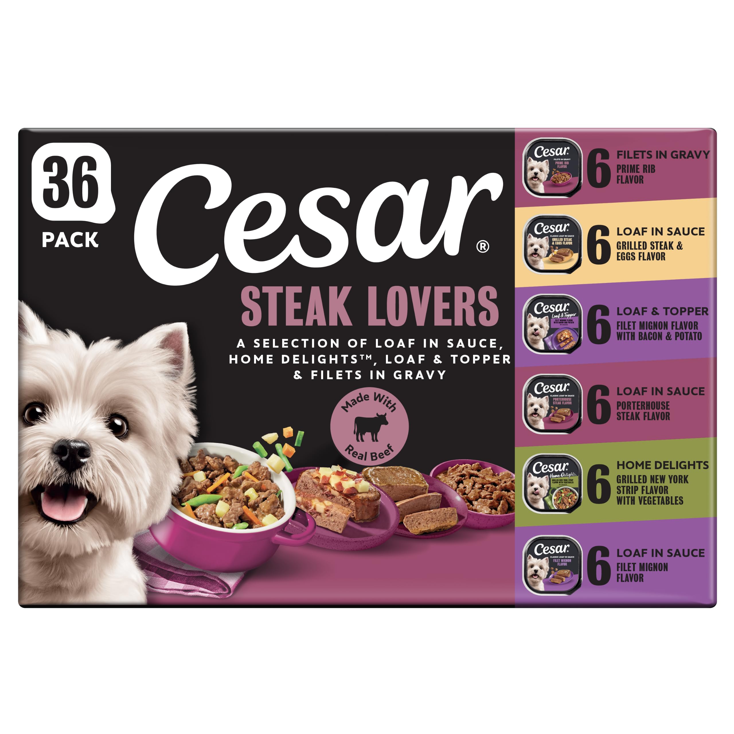 Cesar packaging recto montrant le lot Steak Lovers et l'avantage de la vraie viande