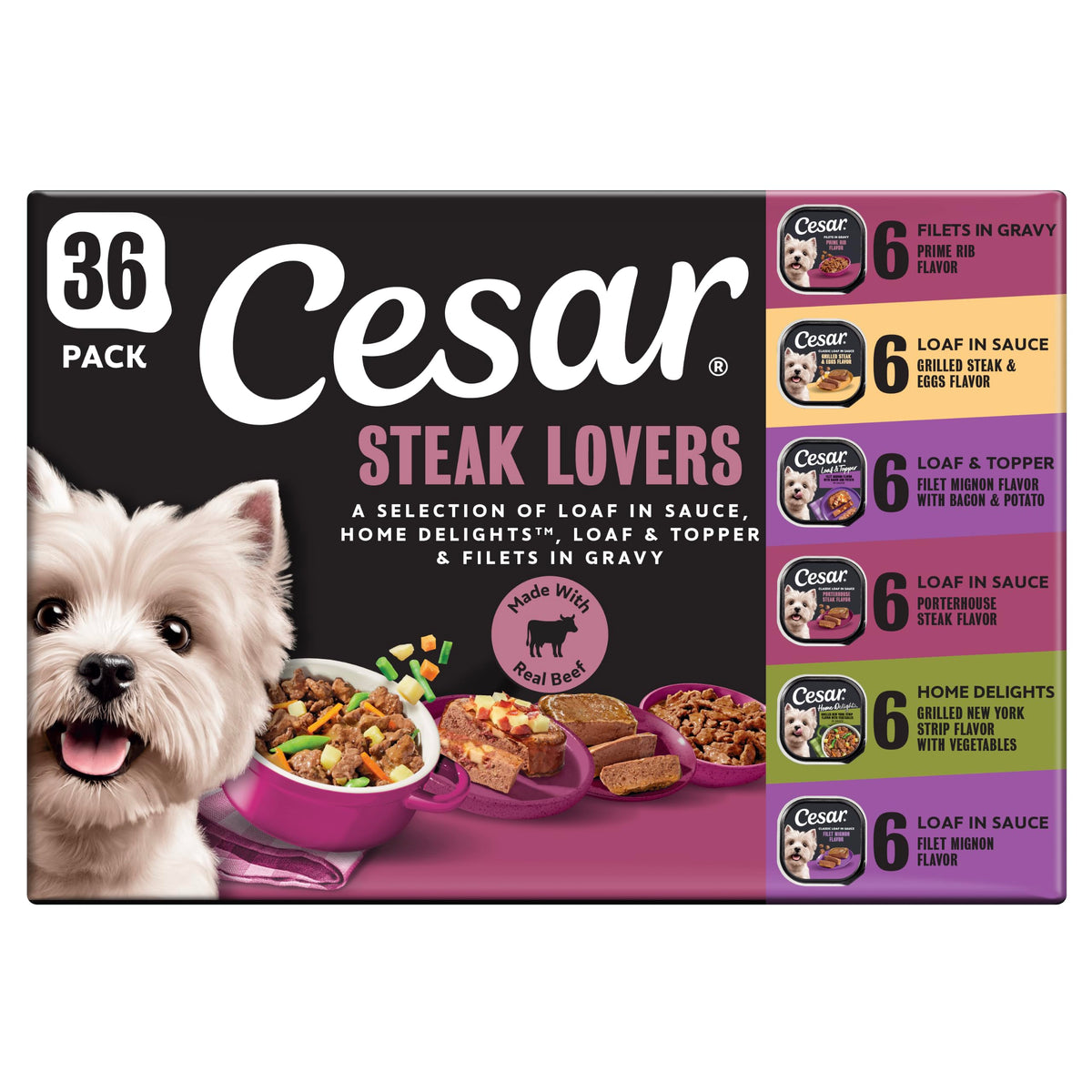 Cesar packaging recto montrant le lot Steak Lovers et l'avantage de la vraie viande