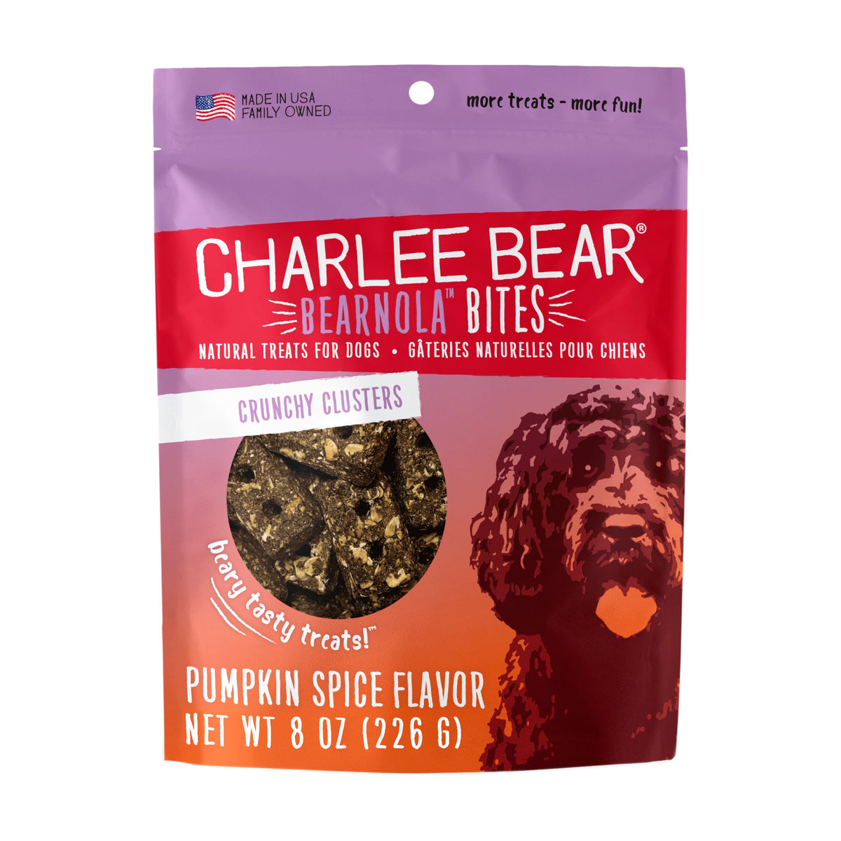 Charlee Bear emballage avant montrant sac refermable et avantage fraîcheur