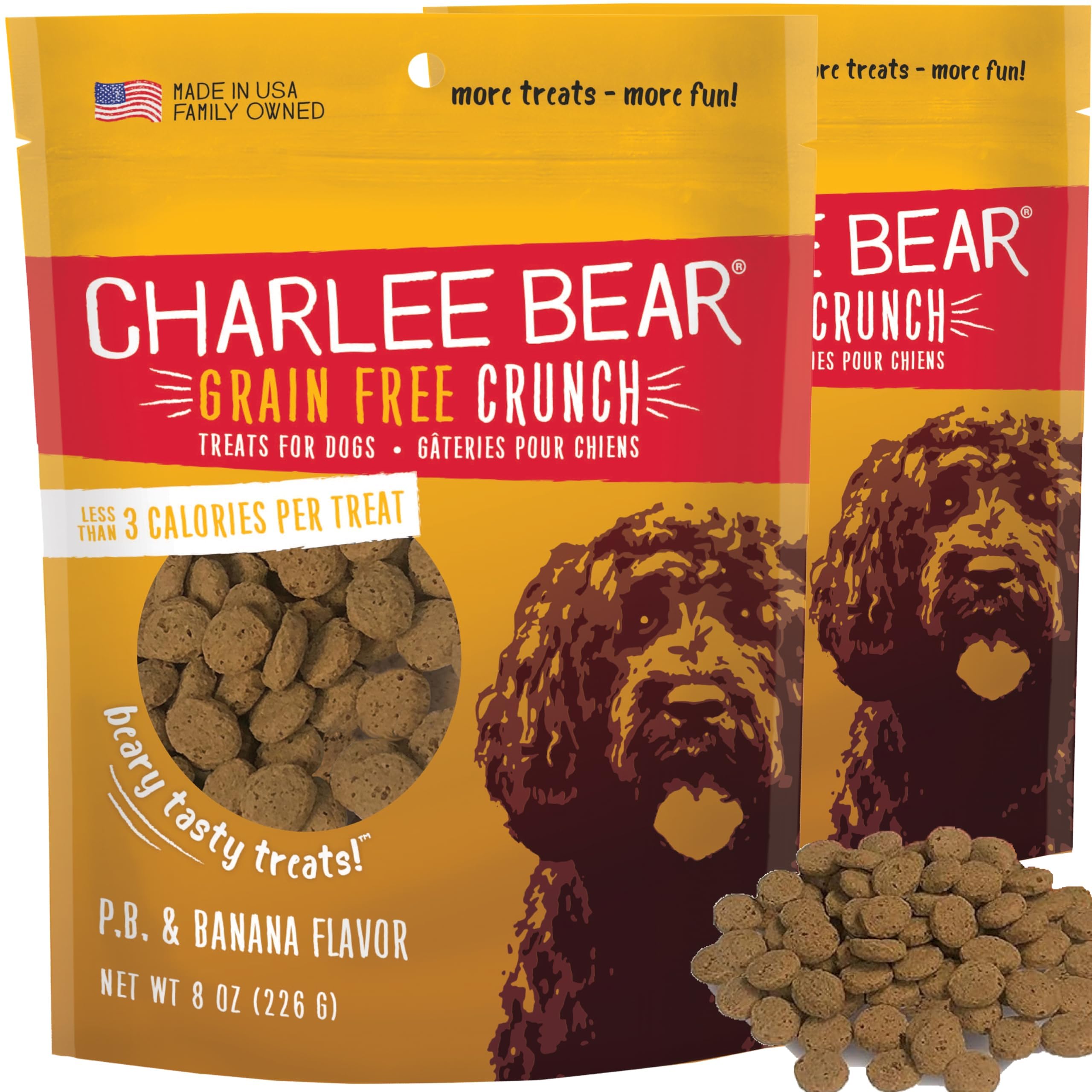 Charlee Bear emballage avant montrant le pack double et avantage faible calorie