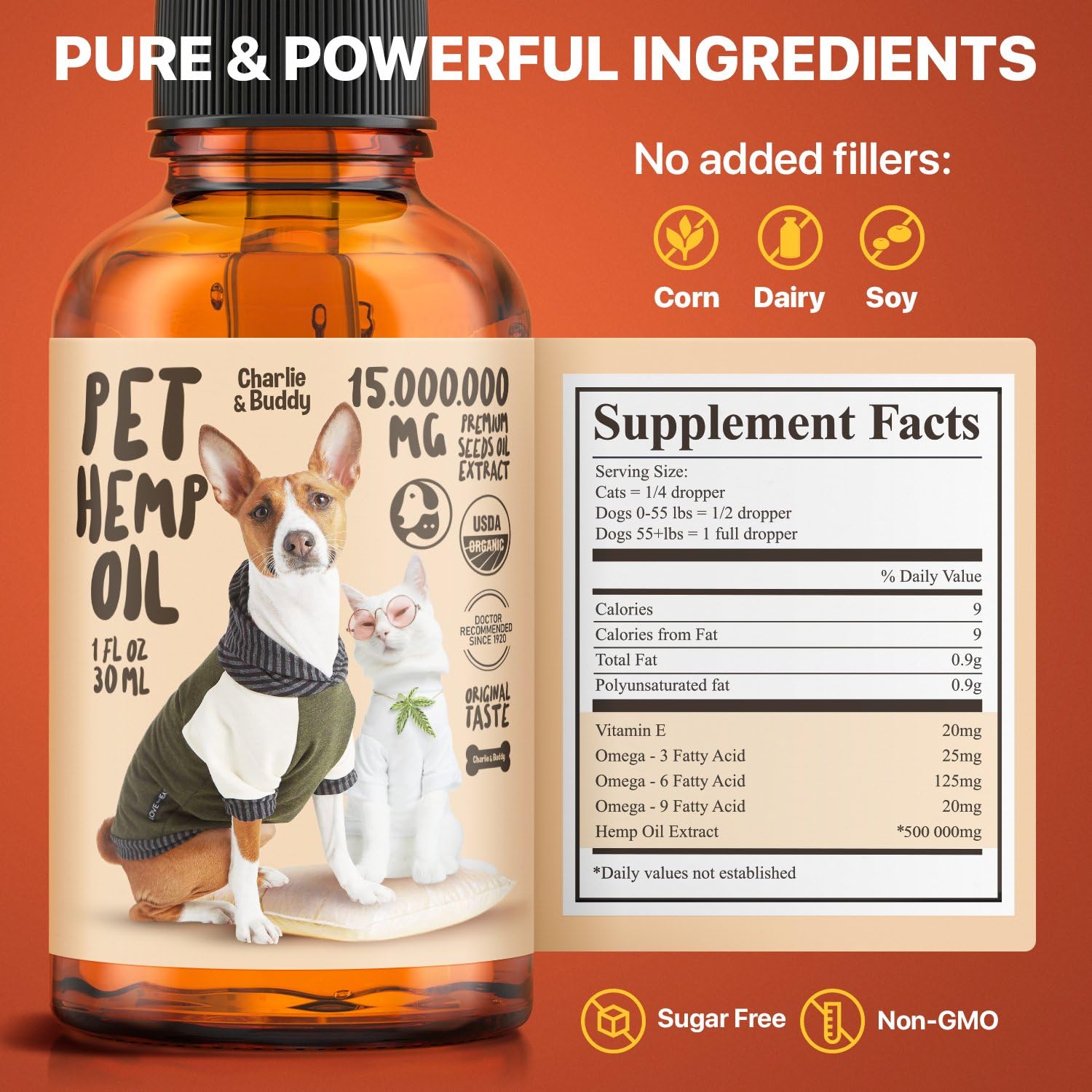 CHARLIE & BUDDY étiquette zoom ingrédients oméga et vitamine E pour soutien