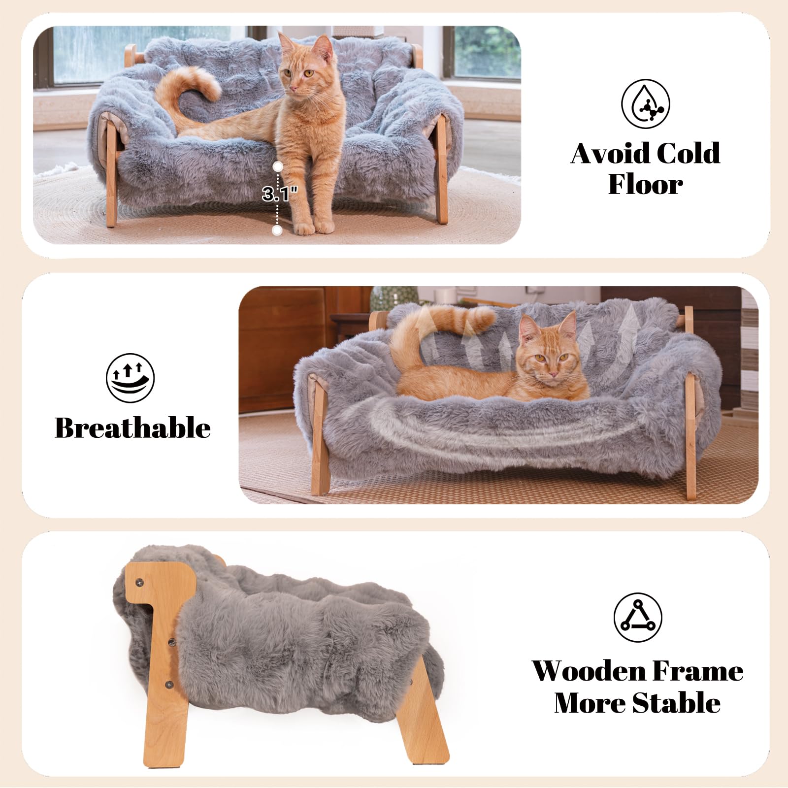CHEERHOME PETS chat couché sur sofa illustrant bien-être et hauteur sécurisante