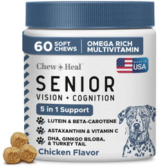 Chew + Heal Labs bouteille face montrant flacon et 60 croquettes, administration facile