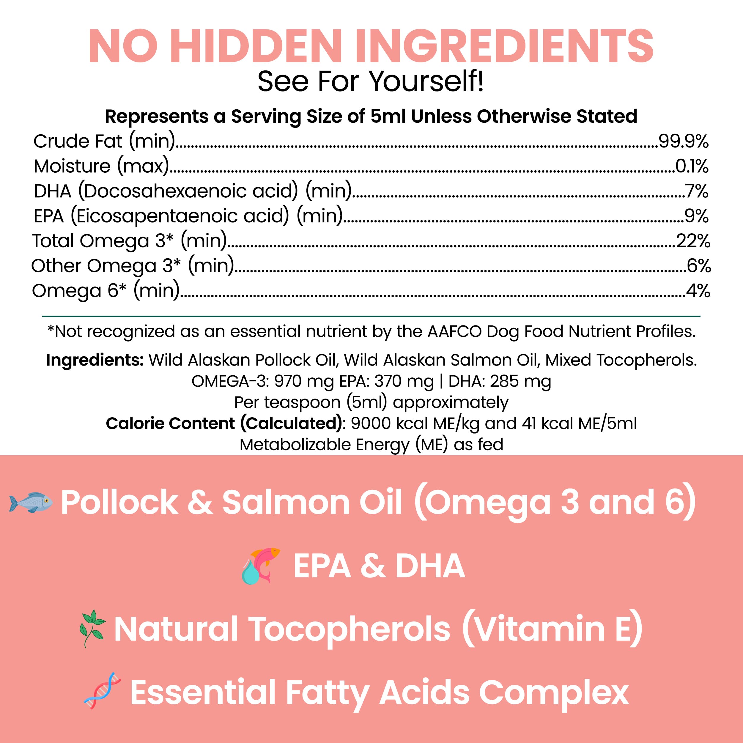 Chew + Heal Labs étiquette lisible indiquant saumon sauvage et oméga‑3