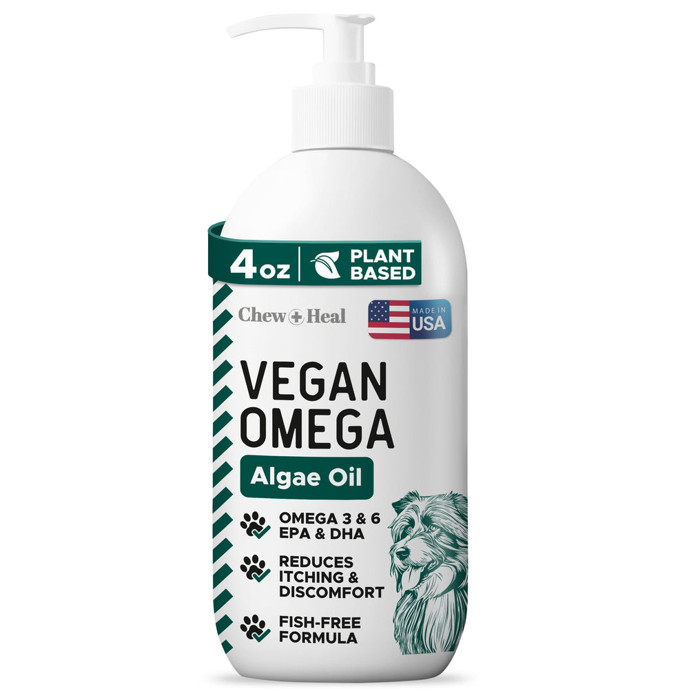 Chew + Heal Labs flacon avant montrant l'étiquette claire et l'avantage oméga‑3 végétal