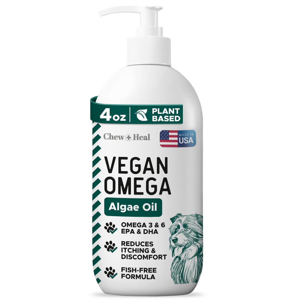 Chew + Heal Labs flacon avant montrant l'étiquette claire et l'avantage oméga‑3 végétal