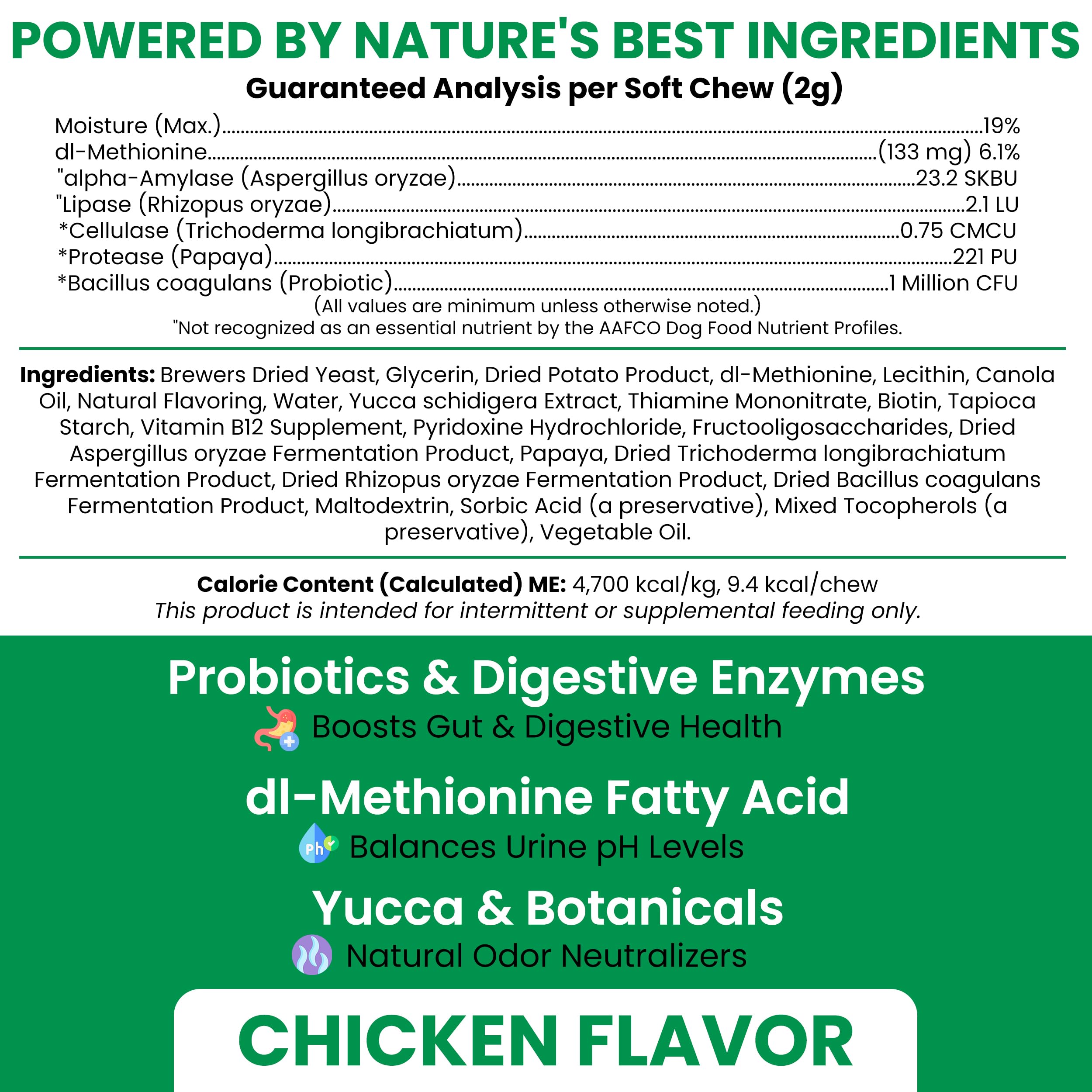Chew + Heal Labs gros plan sur mâche souple goût poulet, appétence élevée