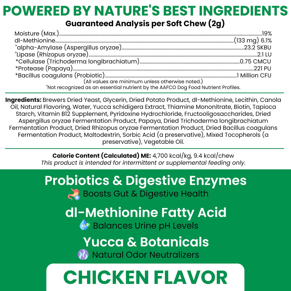 Chew + Heal Labs gros plan sur mâche souple goût poulet, appétence élevée