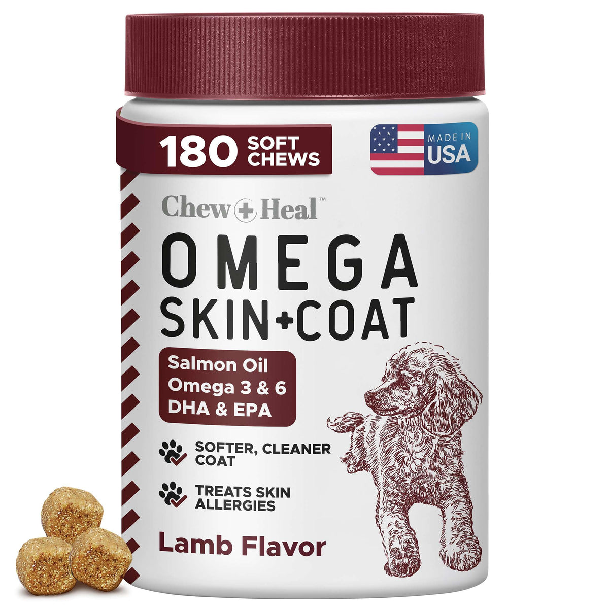 Chew + Heal Labs emballage avant montrant 180 chews pour peau et pelage