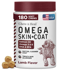 Chew + Heal Labs emballage avant montrant 180 chews pour peau et pelage