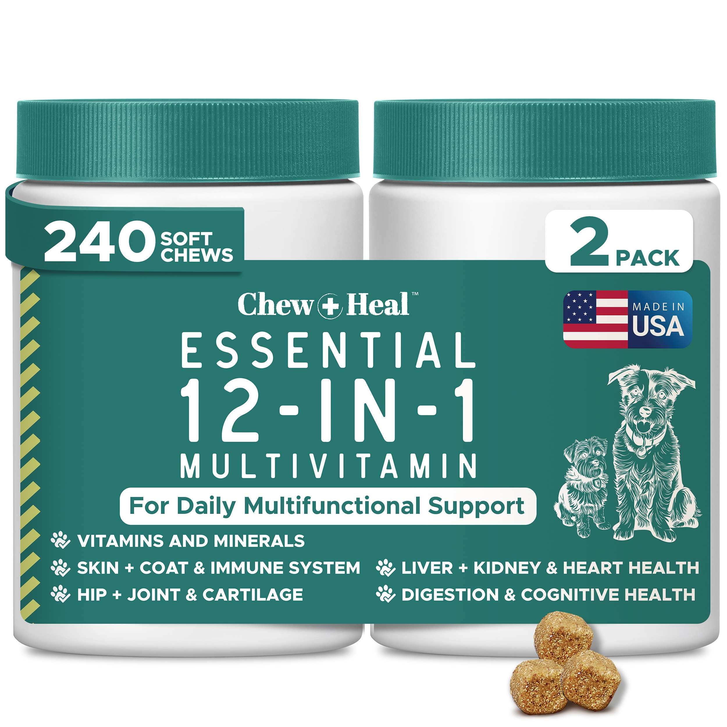 Chew + Heal Labs pot avant montrant packaging clair et quantités