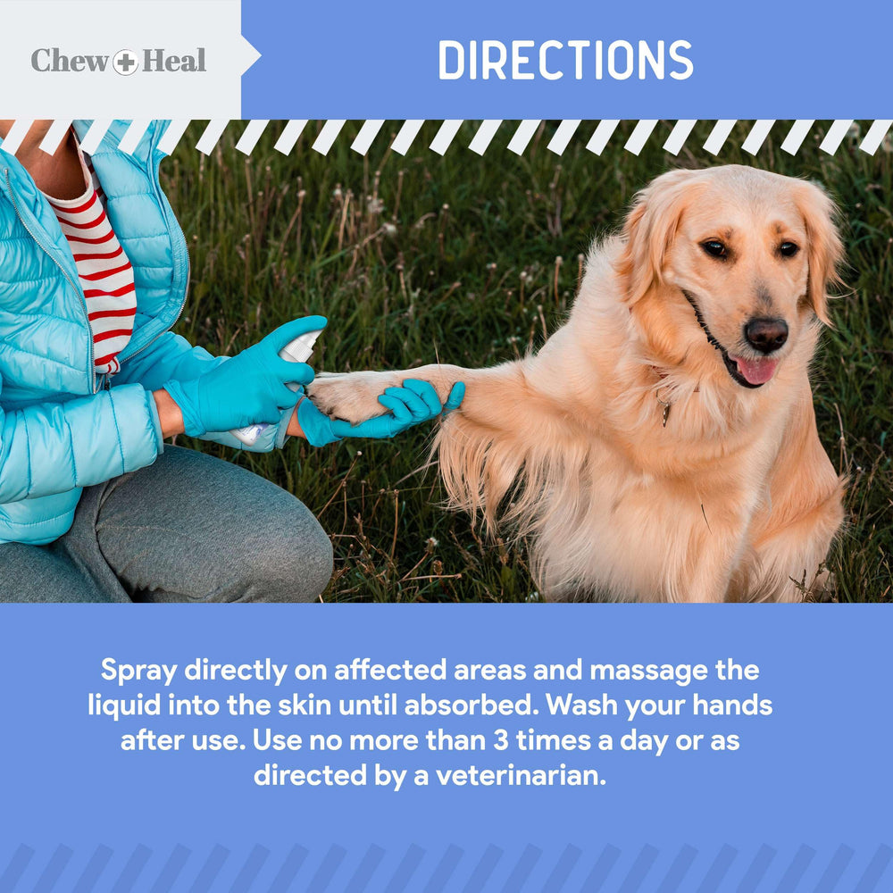 Chew + Heal Labs spray appliqué sur patte apaisant et nettoyant