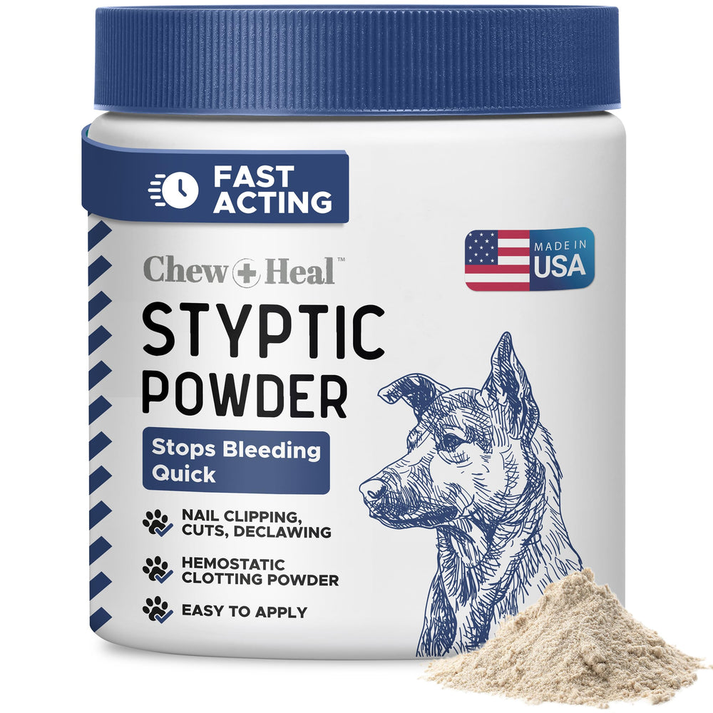 Chew + Heal Labs pot de poudre styptique en gros plan montrant l'emballage pratique