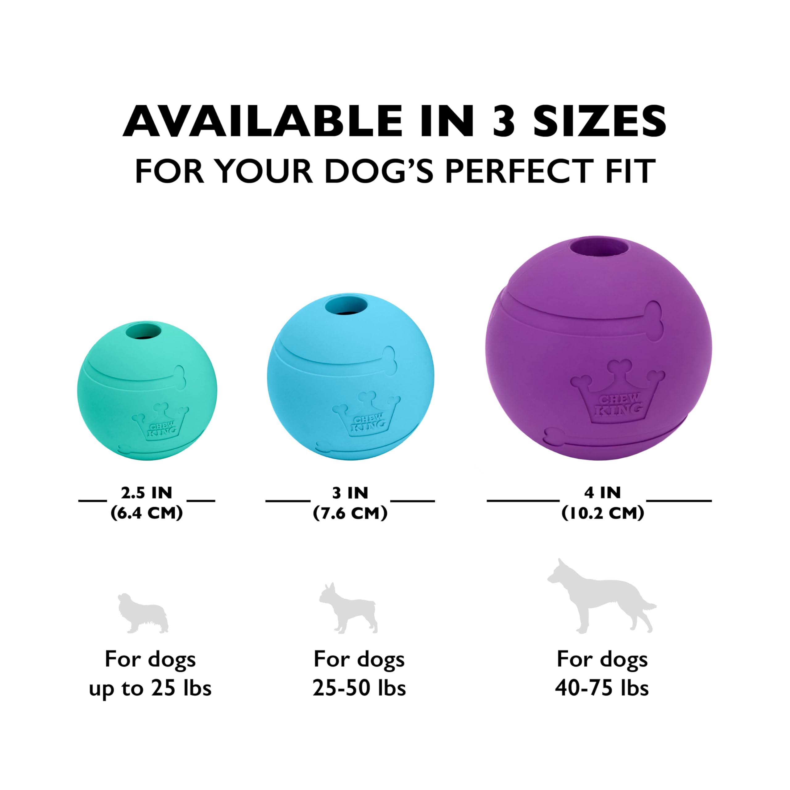 Chew King trois balles alignées illustrant la taille 3 pouces pour chiens