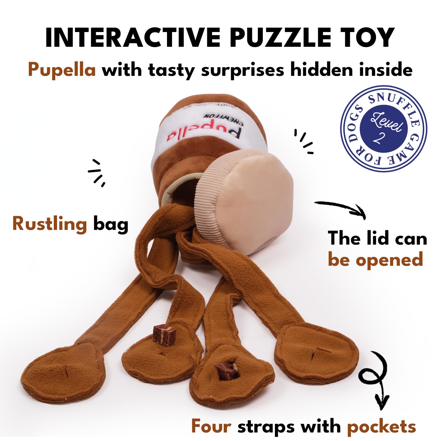 CHEWFFON gros plan sur les quatre poches de friandises, facilite la stimulation olfactive