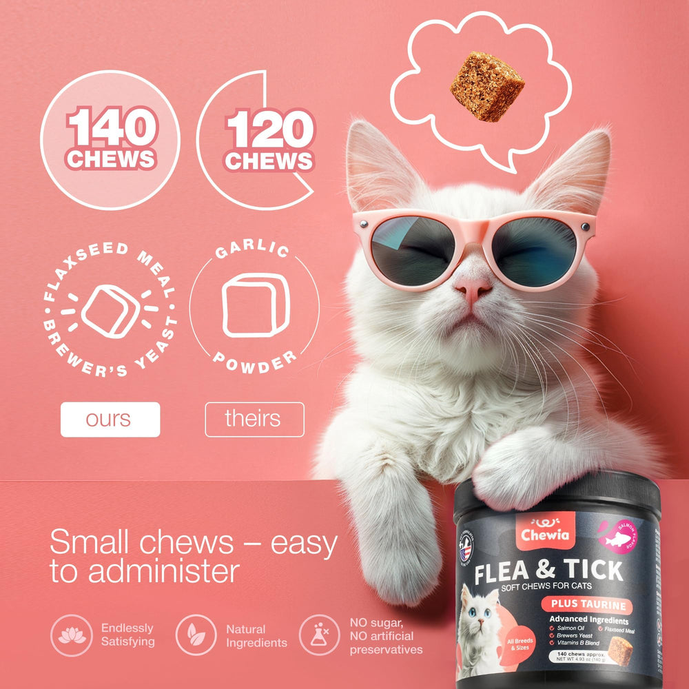 CHEWIA friandises dans un bol avec chat en arrière-plan pour pelage sain