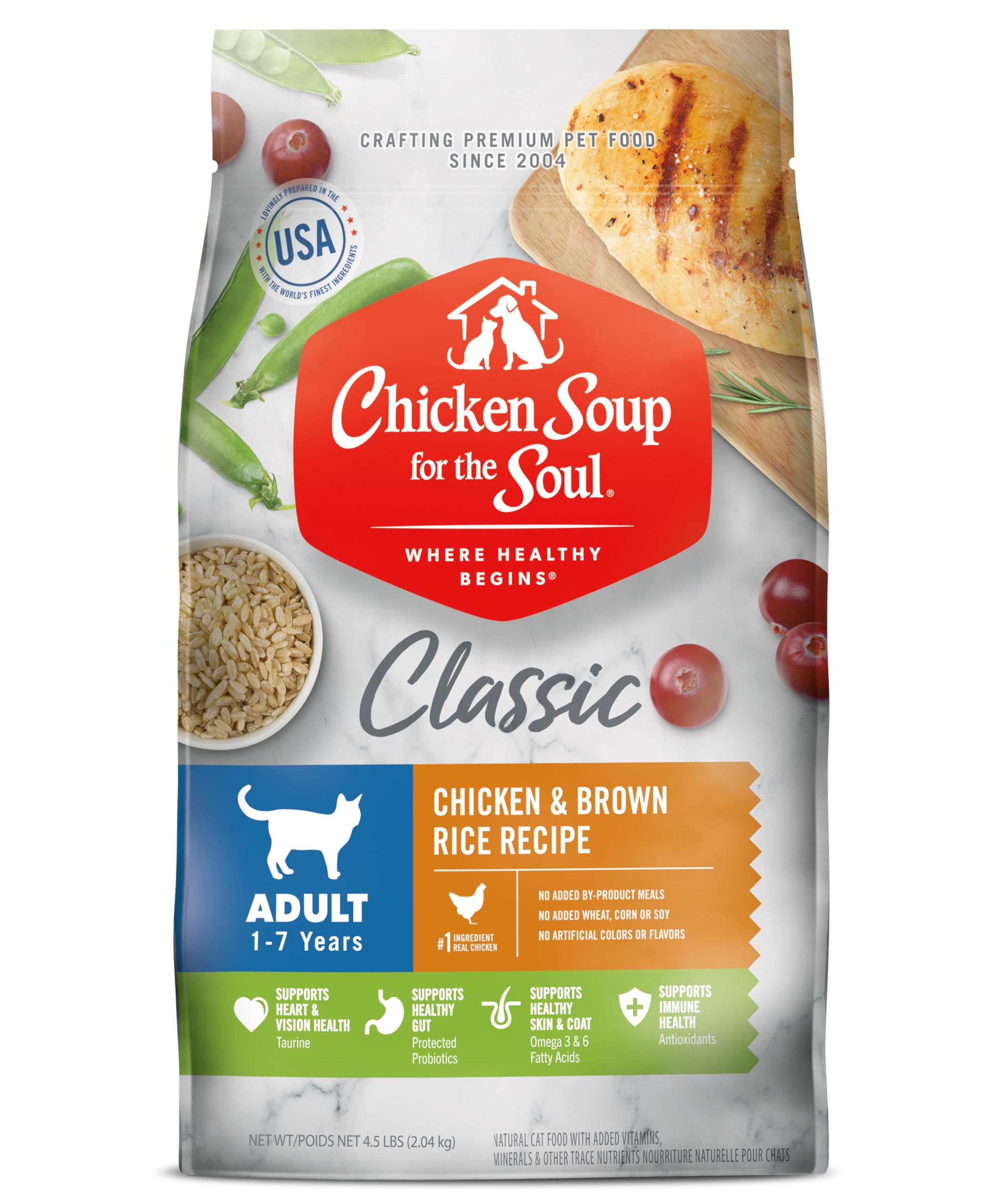 Chicken Soup for the Soul emballage avant montrant poulet et riz brun, rassure sur la qualité