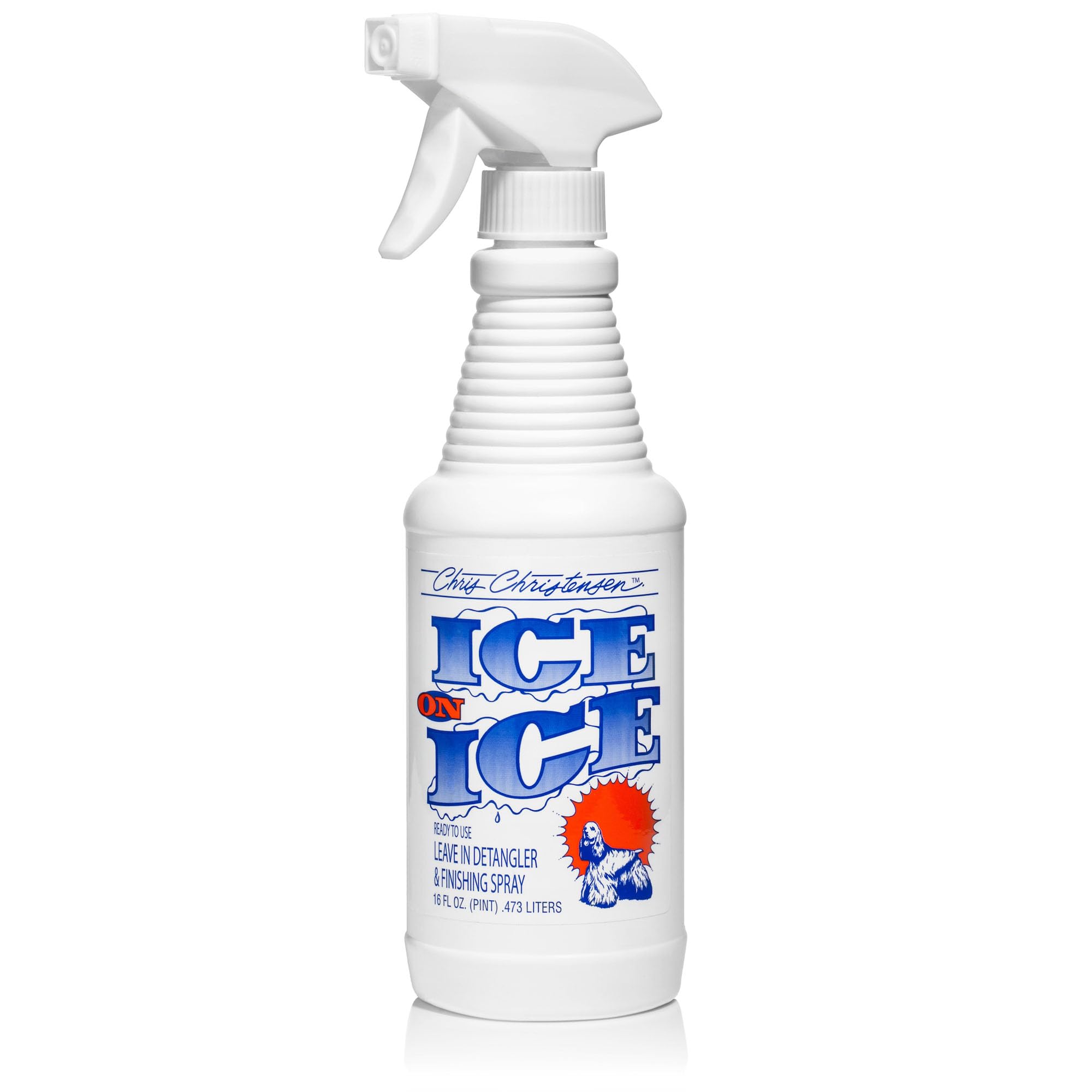 Chris Christensen spray face de la bouteille montrant emballage professionnel et bénéfice démêlant