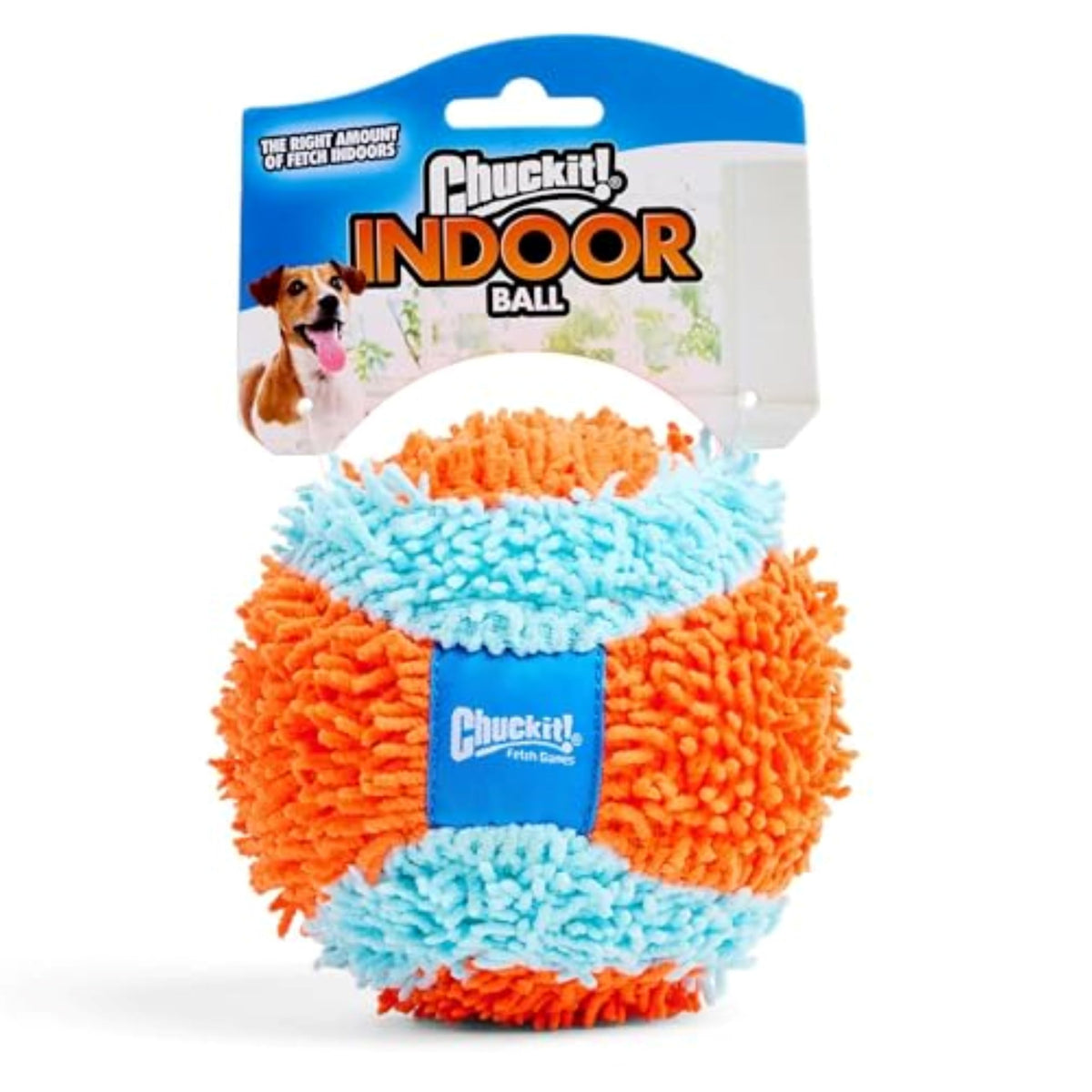Chuckit! balle d'intérieur vue de face montrant la couleur orange et bleue pour jeu sûr