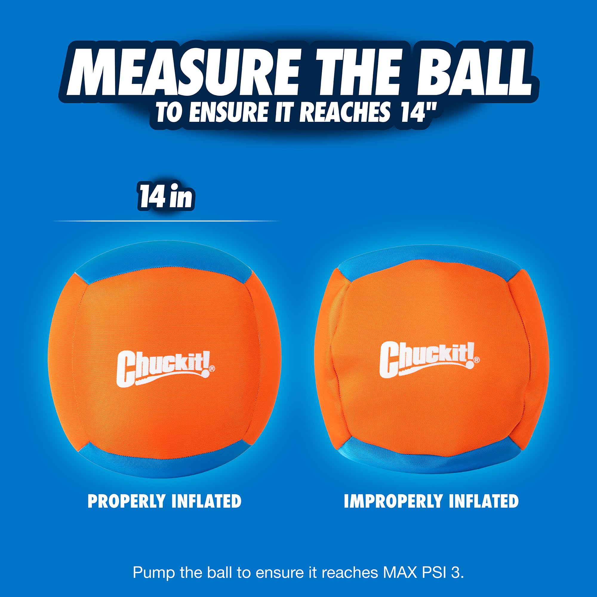 Chuckit! comparaison taille 14 pouces à une personne, visuel échelle clair