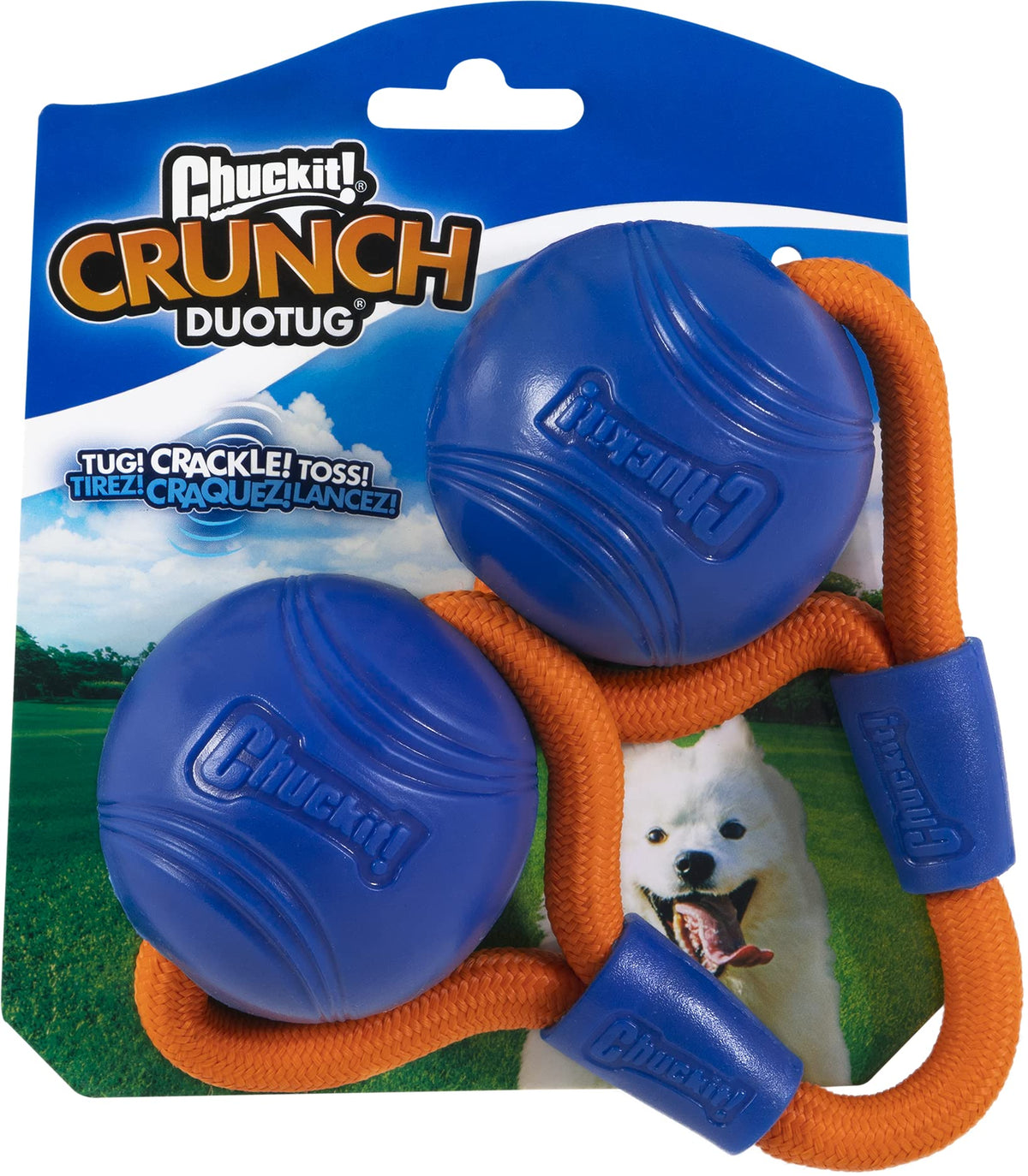 Chuckit! Duo Tug face avant montrant les deux balles et la corde, idéal pour le fetch