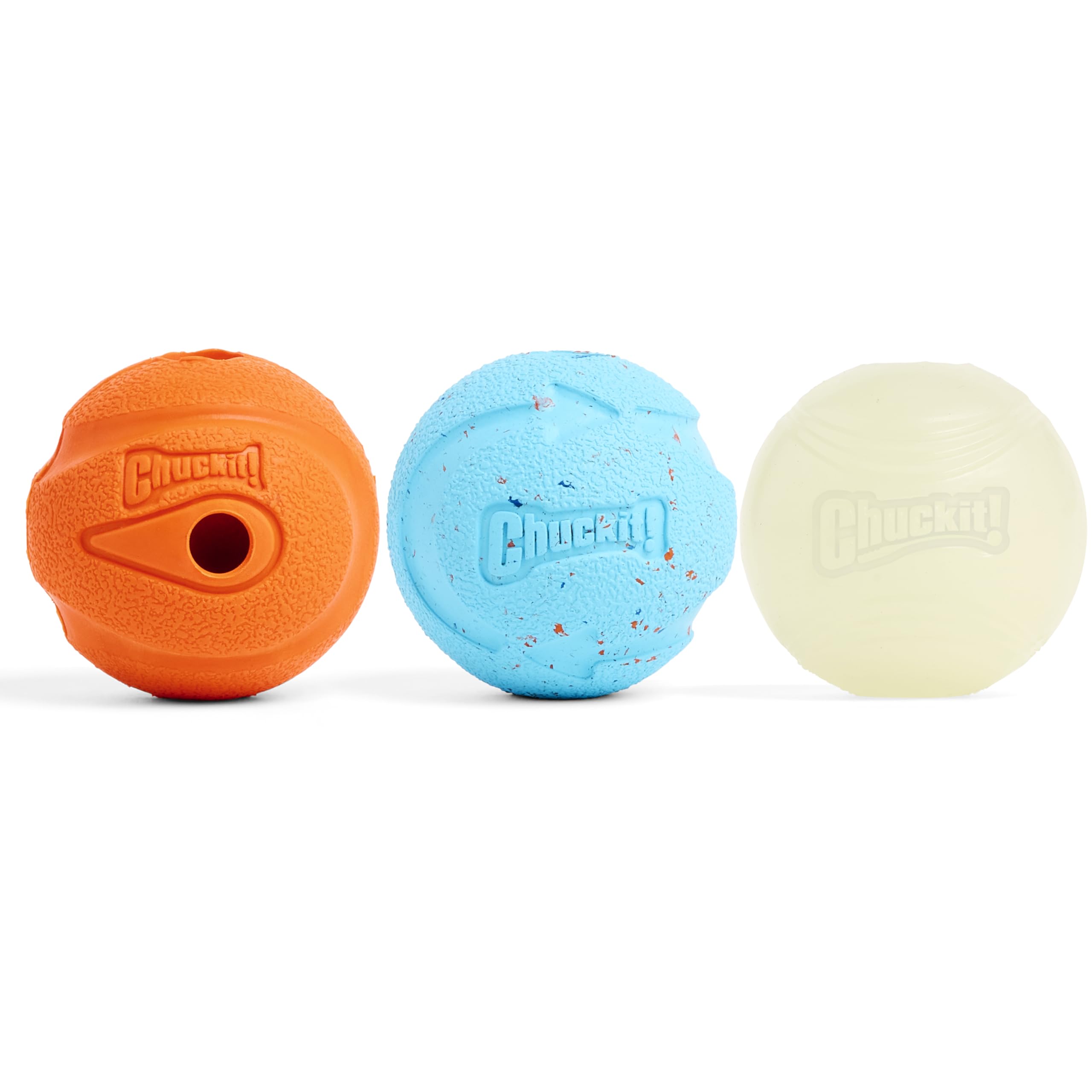 Chuckit! lot de trois balles affichées côte à côte pour comparer formes