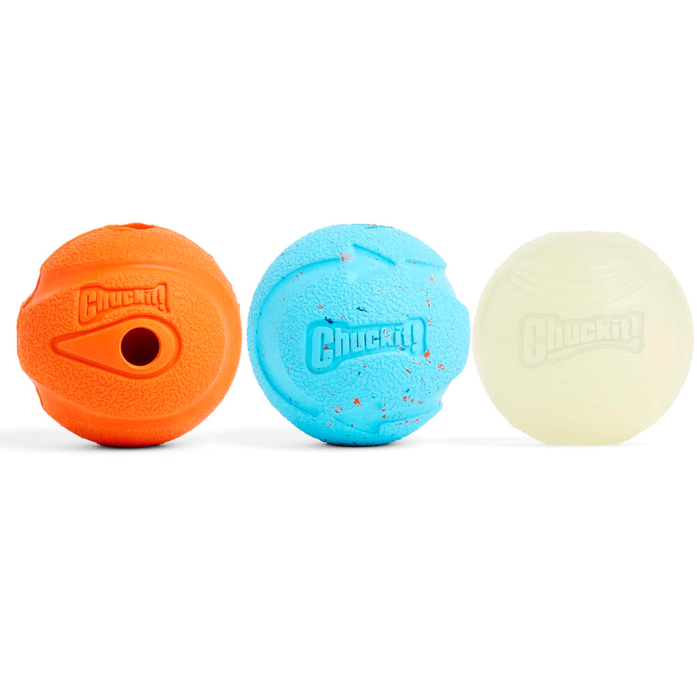 Chuckit! lot de trois balles affichées côte à côte pour comparer formes